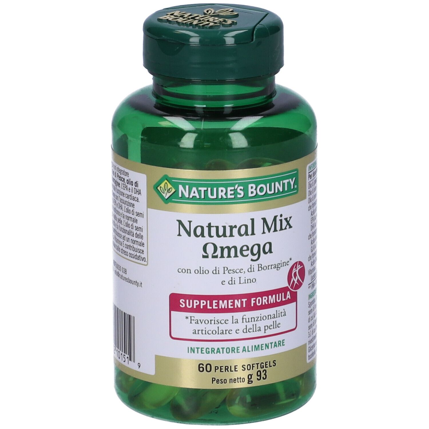 Flacone verde con capsule. L'etichetta riporta "Natural Mix Omega" e "Nature's Bounty".