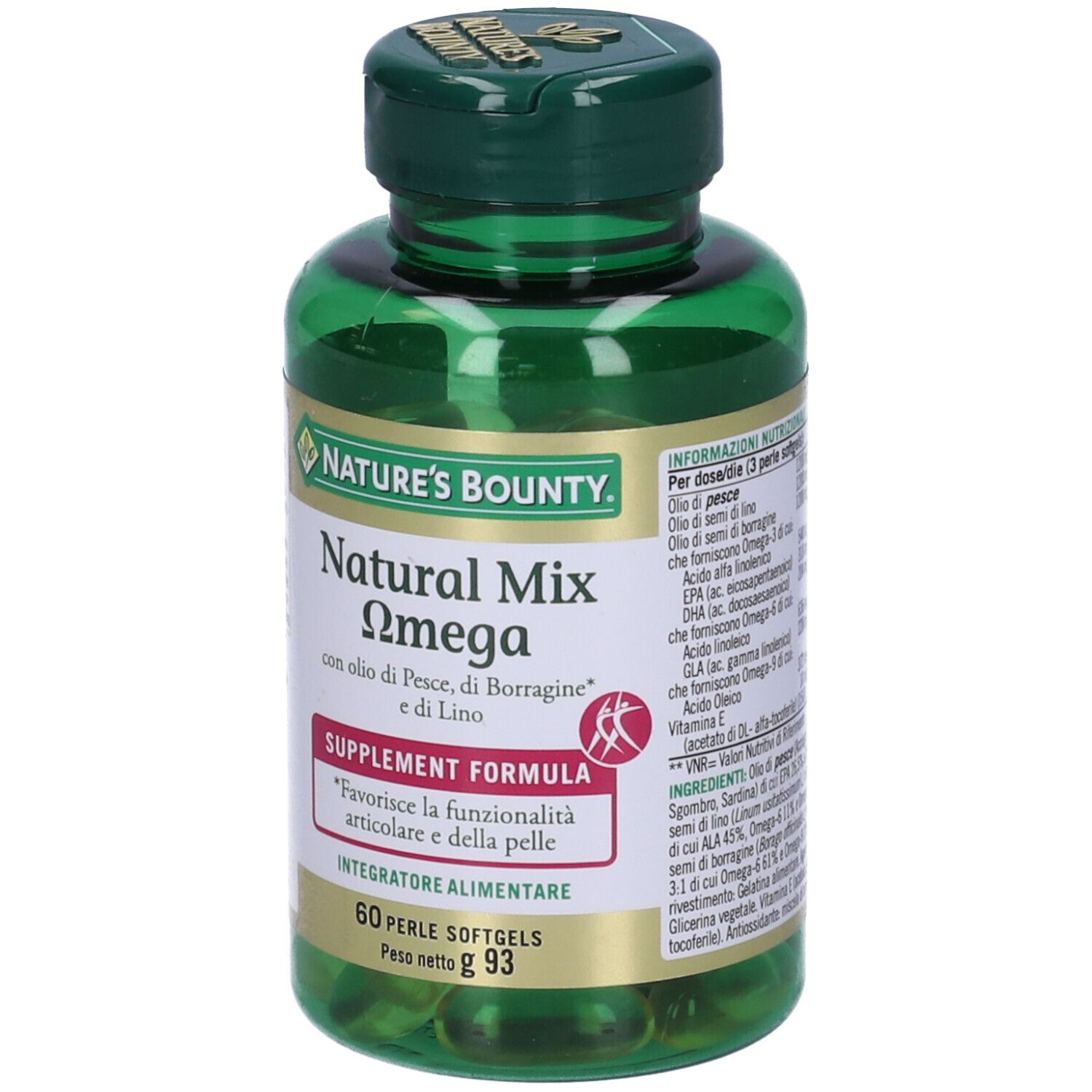 Flacone verde con capsule. L'etichetta riporta "Natural Mix Omega" e "Nature's Bounty".