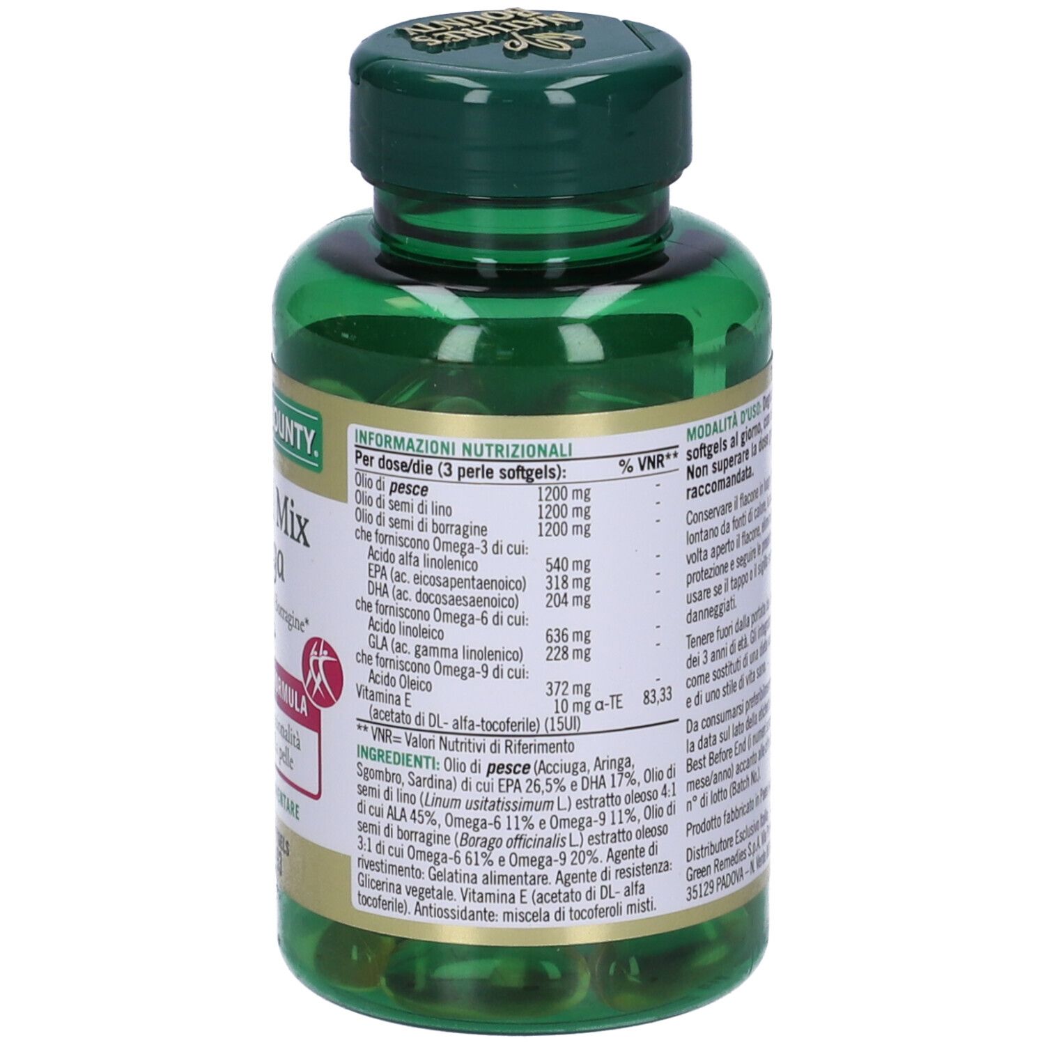 Flacone verde con capsule. L'etichetta riporta "Natural Mix Omega" e "Nature's Bounty".