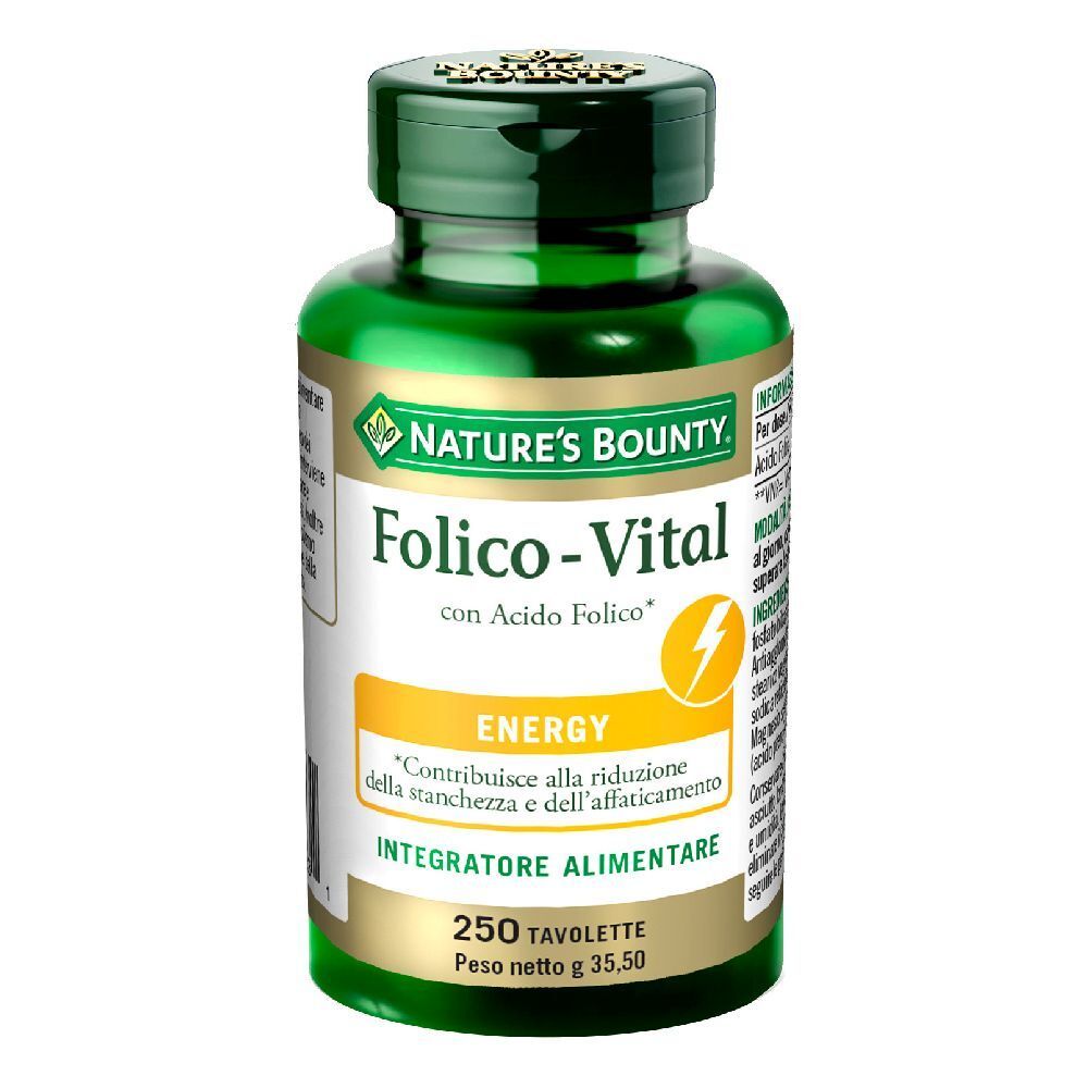 Flacone verde di Folico-Vital, Nature's Bounty. Contiene 250 compresse. Testo in italiano.