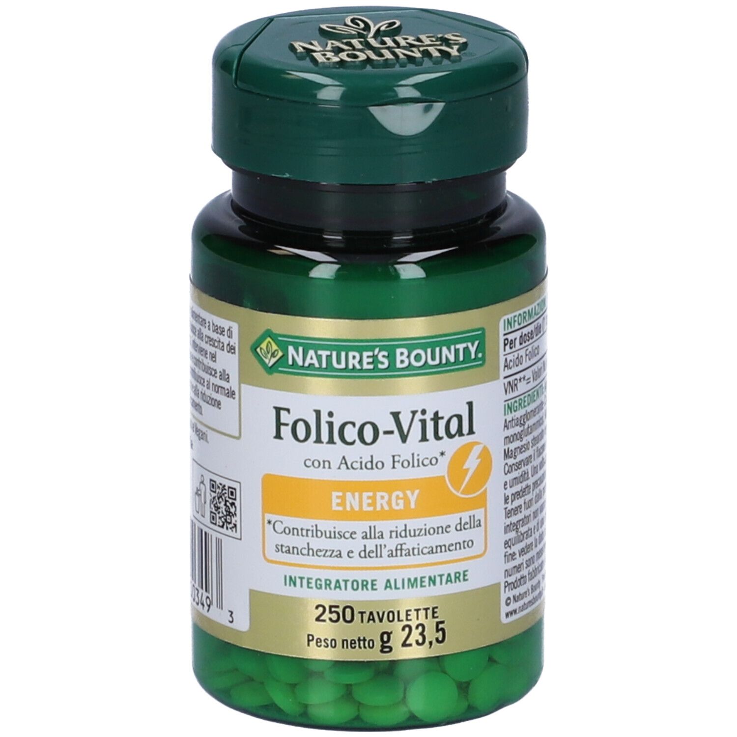 Flacone verde di Folico-Vital, Nature's Bounty. Contiene 250 compresse. Testo in italiano.