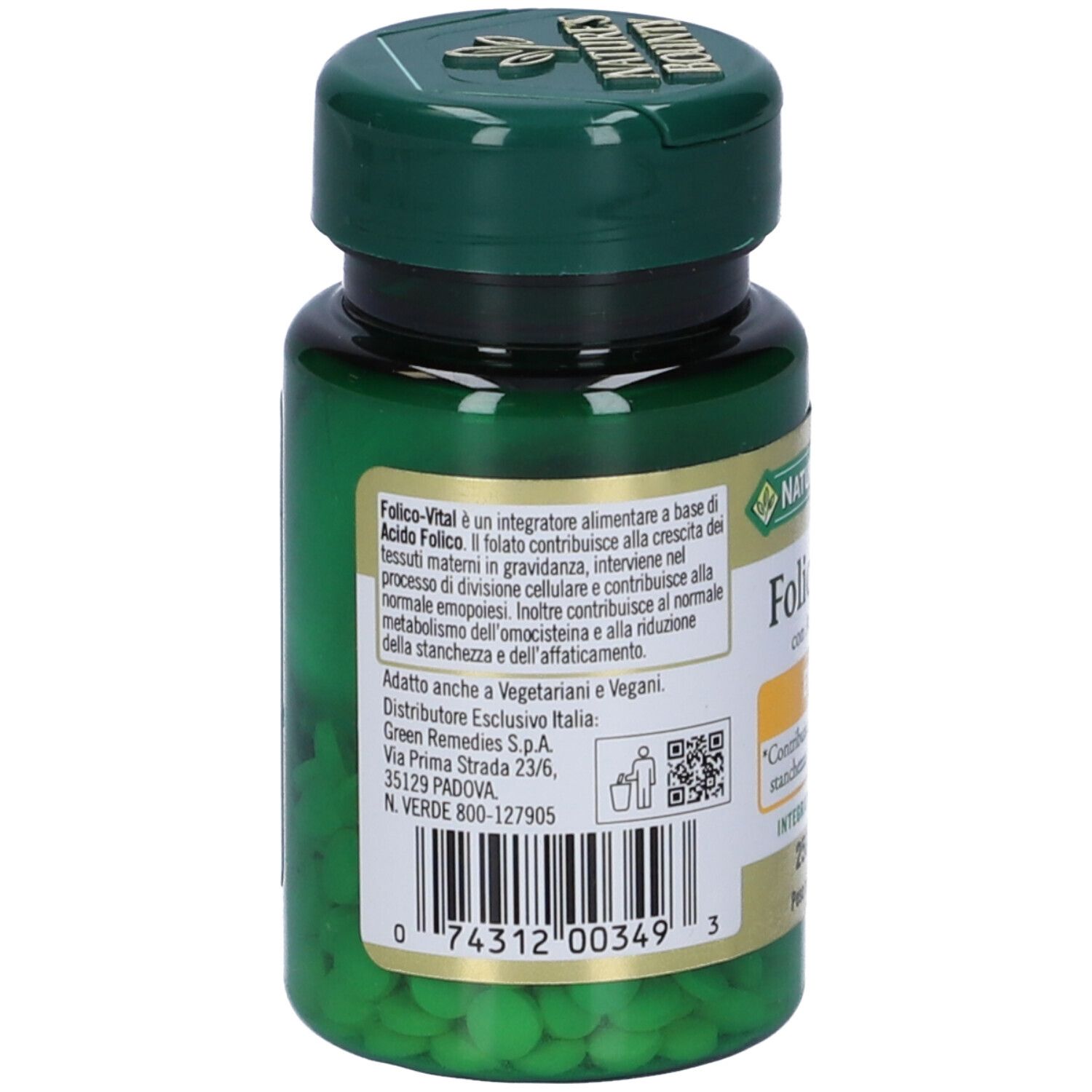 Retro flacone verde Folico-Vital. Ingredienti, produttore e informazioni nutrizionali.