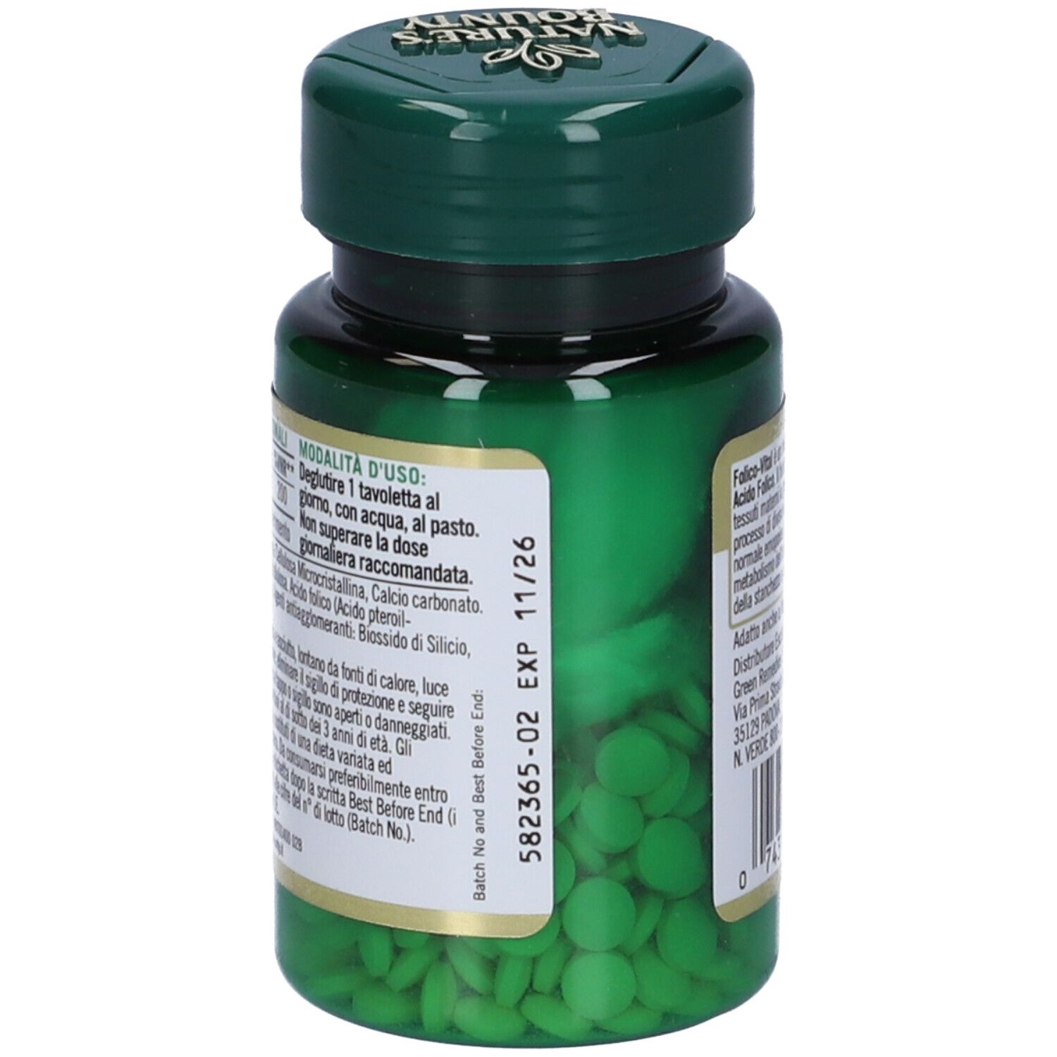Retro flacone verde Folico-Vital. Data di scadenza e informazioni.