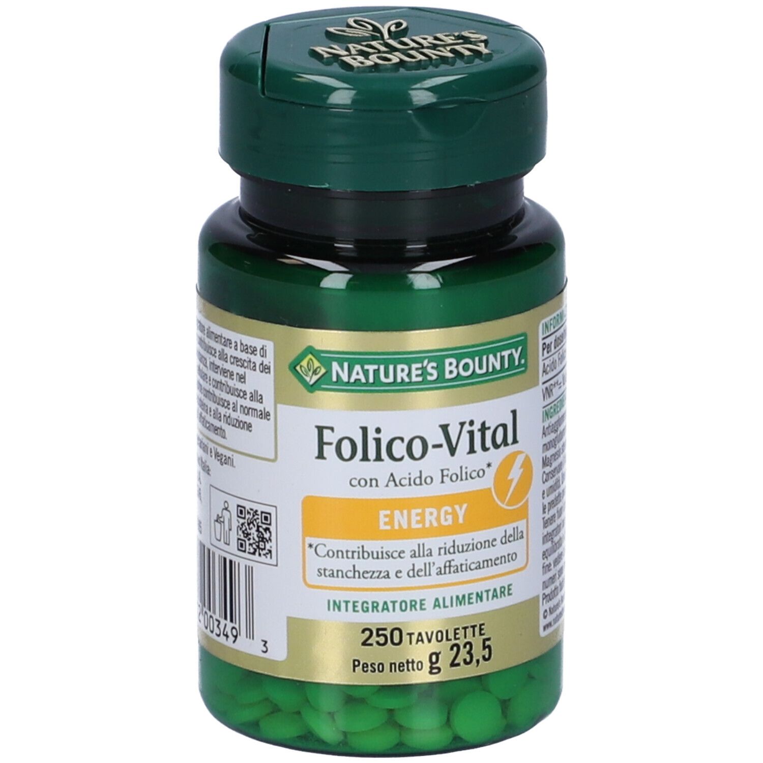Flacone verde di Folico-Vital, Nature's Bounty. Contiene 250 compresse. Testo in italiano.