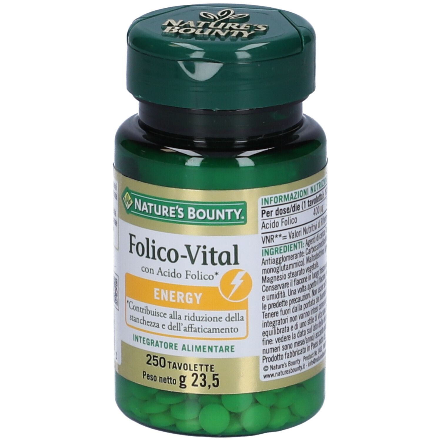 Flacone verde di Folico-Vital, Nature's Bounty. Contiene 250 compresse. Testo in italiano.
