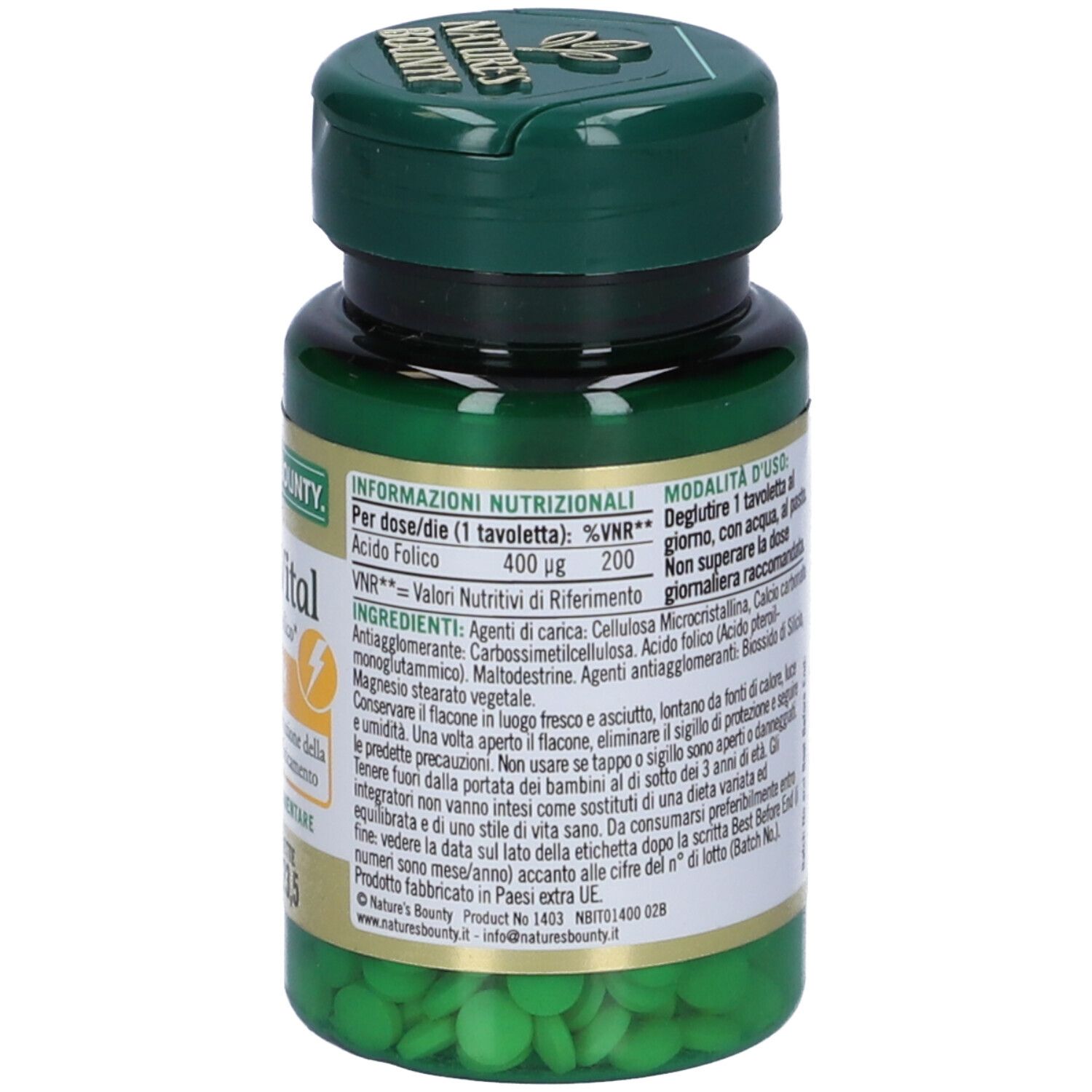 Retro flacone verde Folico-Vital. Ingredienti, dosaggio e informazioni nutrizionali.