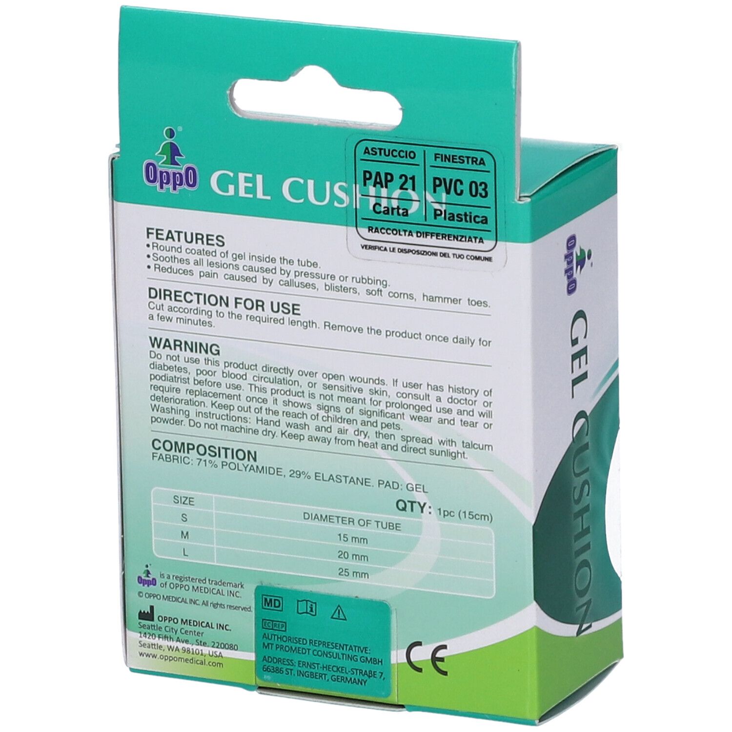 Retro della confezione verde. Testo: Oppo Gel Cushion. Contiene informazioni sugli ingredienti e l'uso.