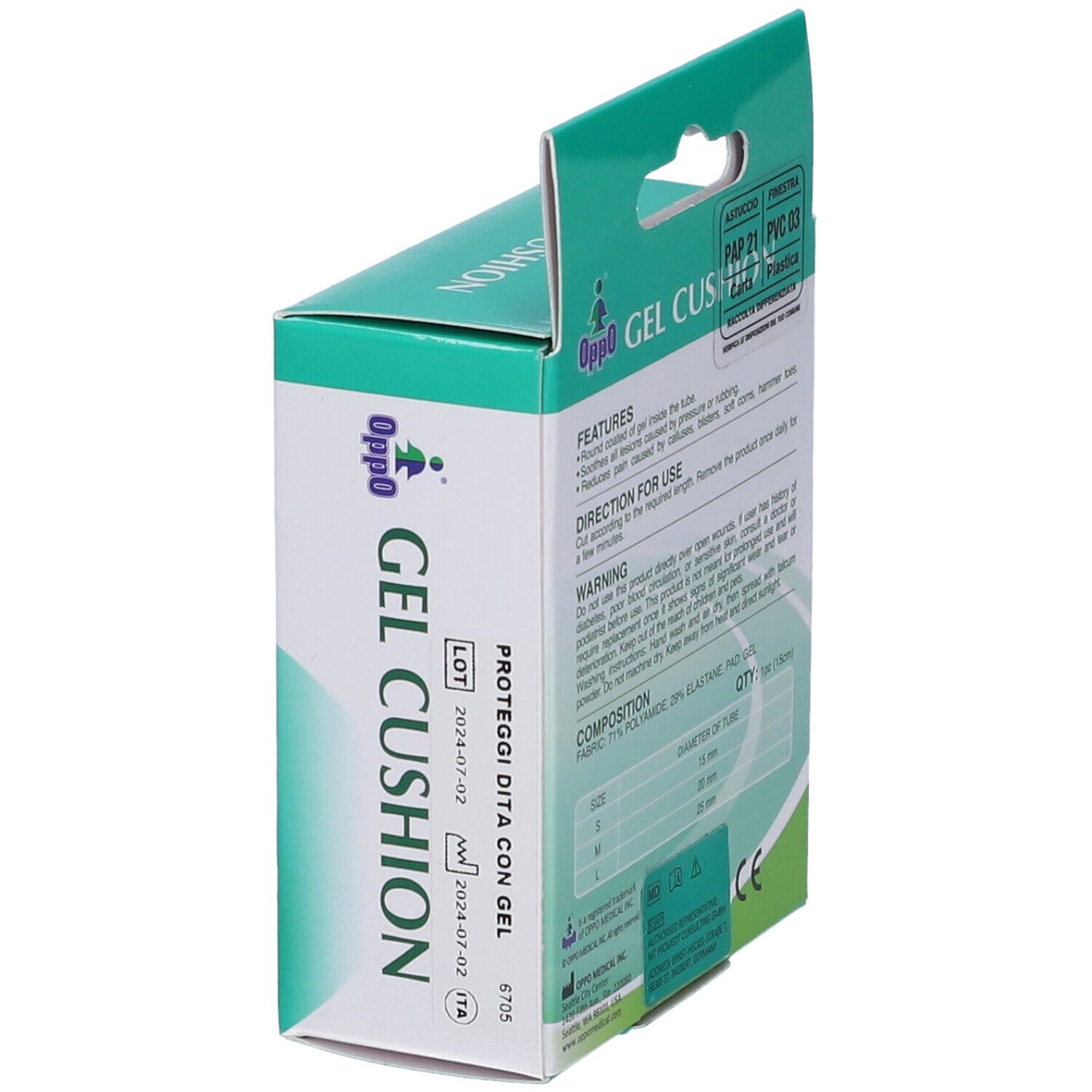 Confezione verde, vista laterale. Scritta: Oppo Gel Cushion. Con numero di lotto e scadenza. Con gancio.