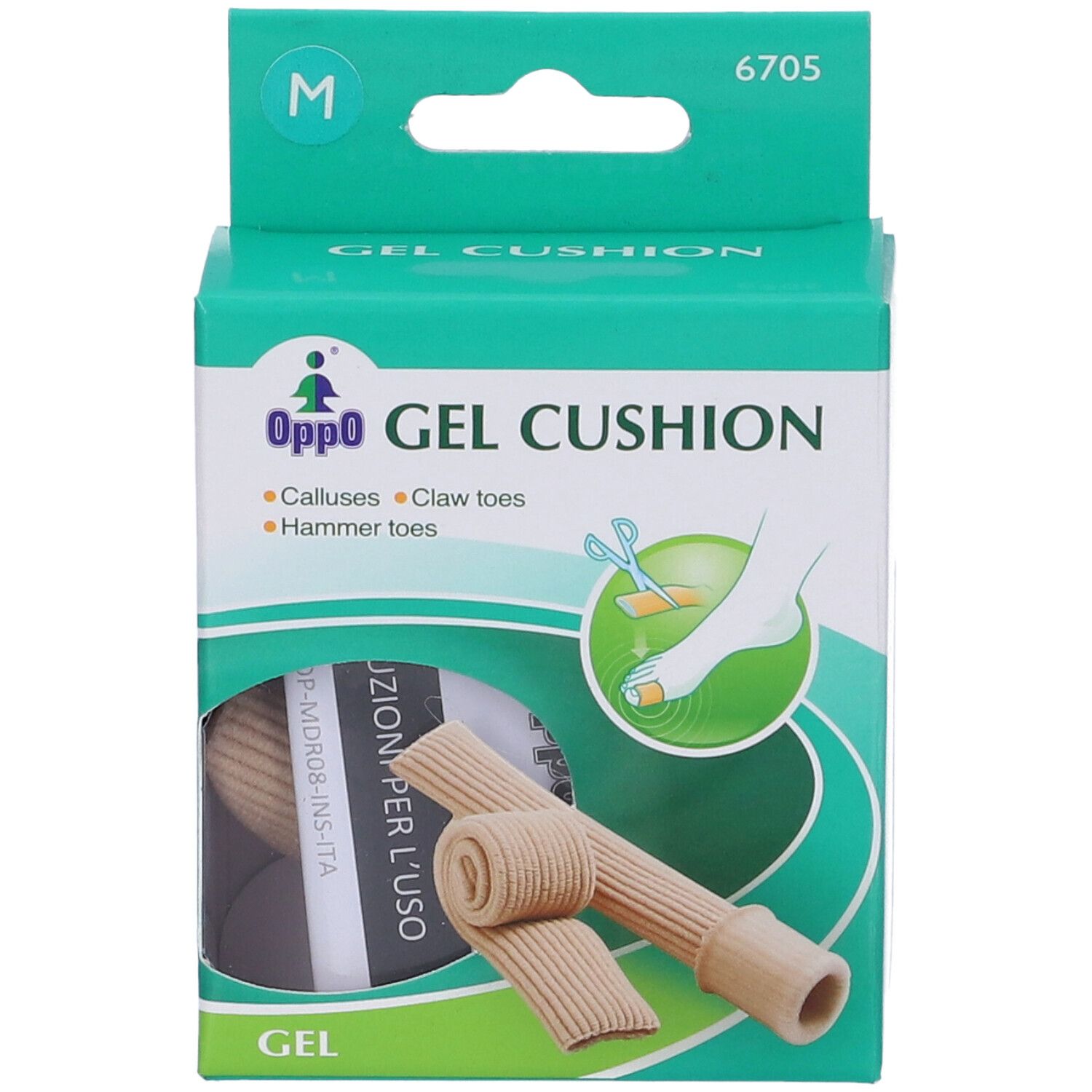 Confezione verde. Contiene cuscinetti in gel beige. Scritte: Oppo Gel Cushion, 6705, M. Illustrazione del piede.