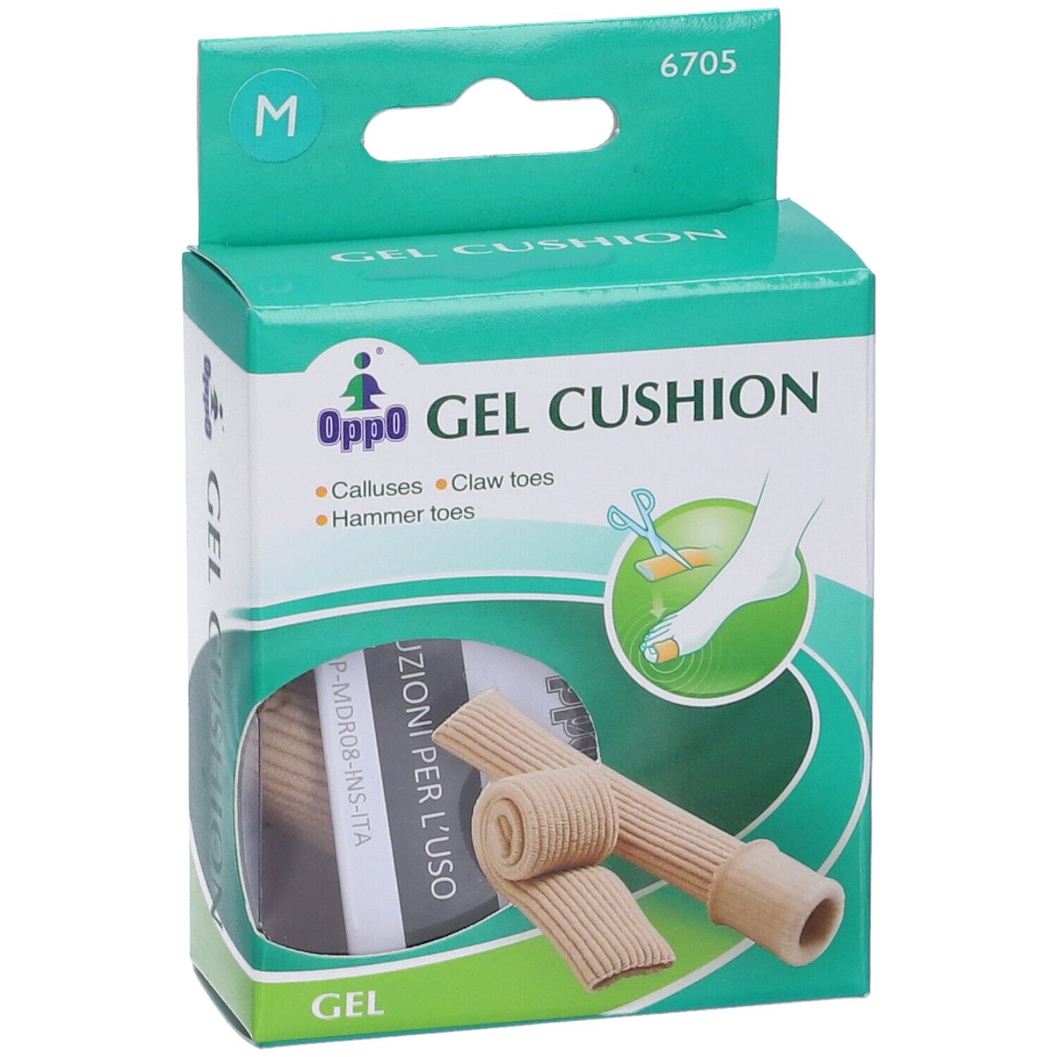 Confezione verde. Contiene cuscinetti in gel beige. Scritte: Oppo Gel Cushion, 6705, M. Illustrazione del piede.
