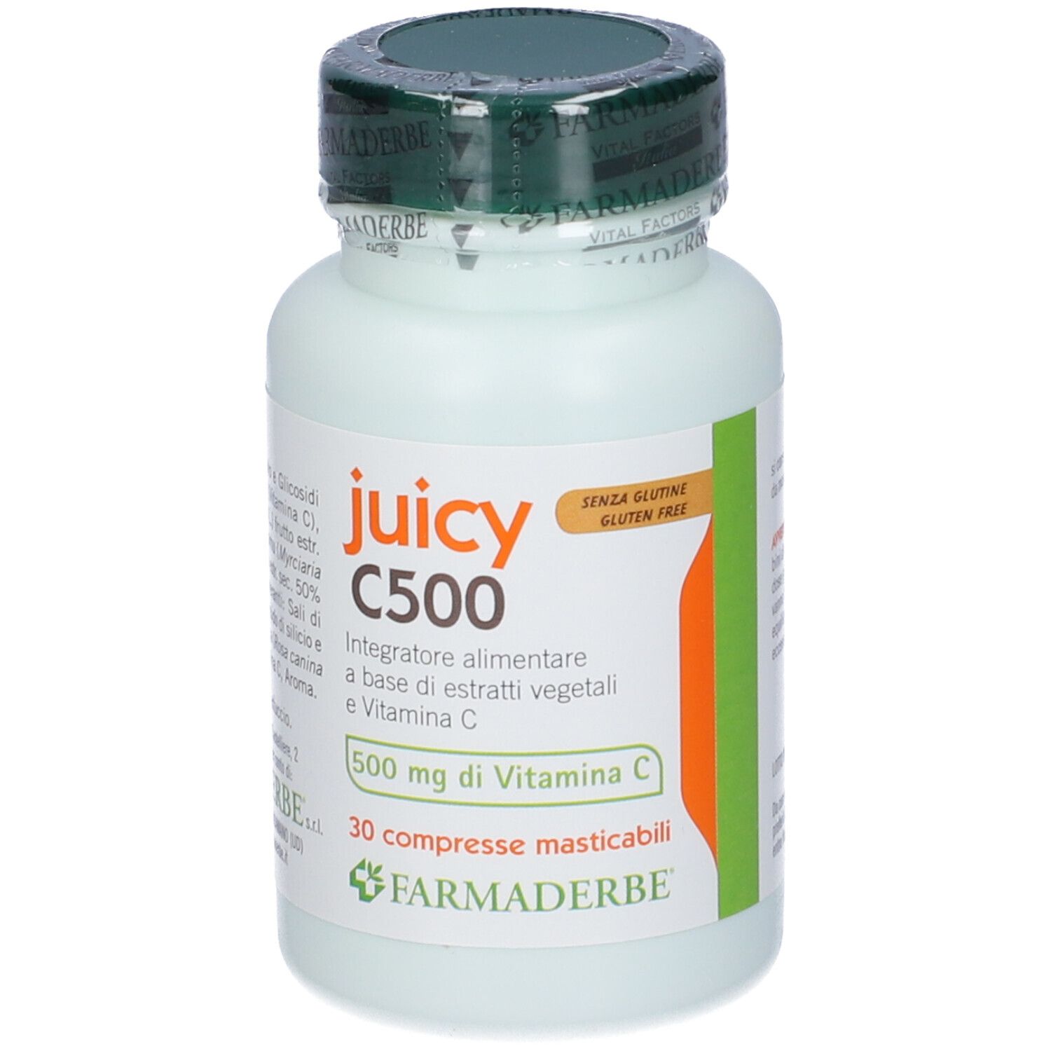 Flacone di Juicy C500. 30 compresse masticabili. Contiene vitamina C. Senza glutine.