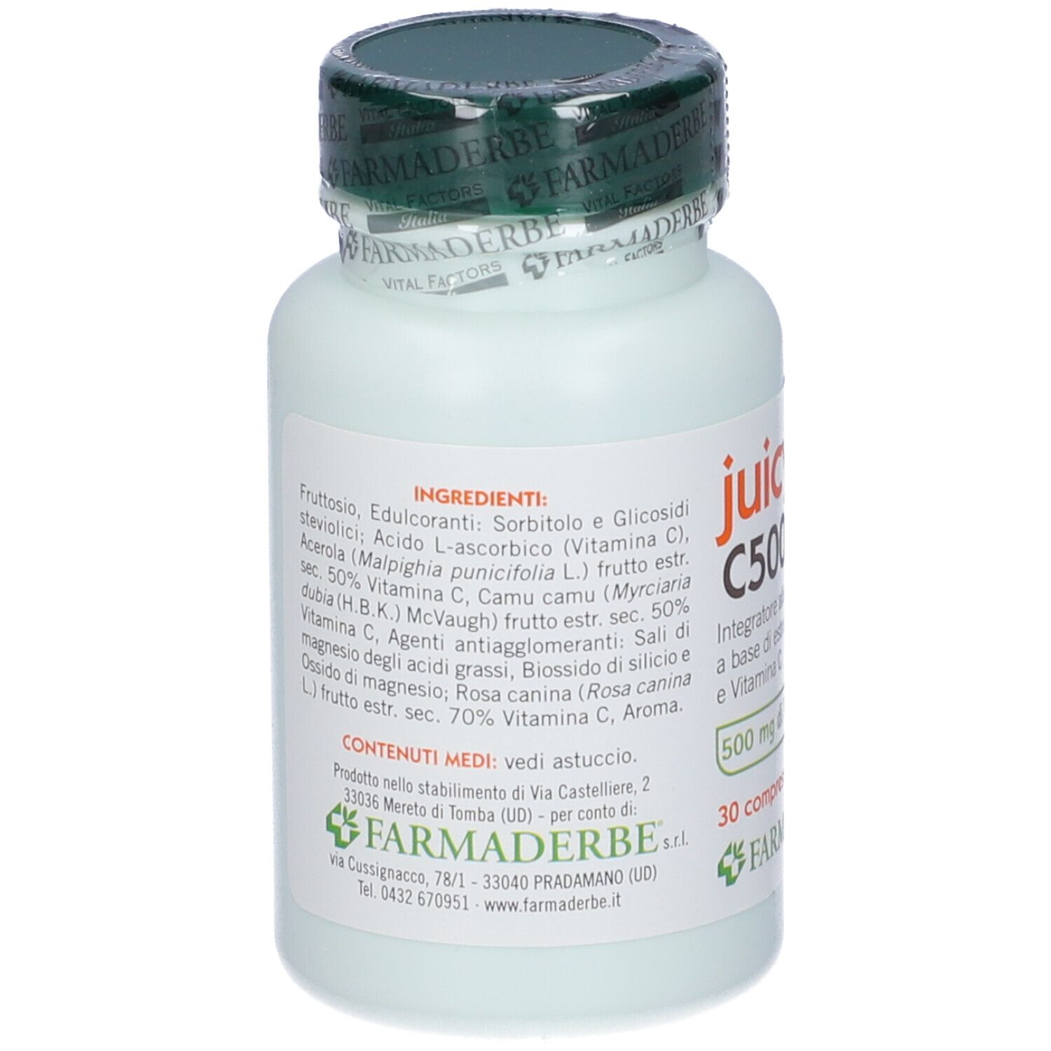 Flacone di Juicy C500. 30 compresse masticabili. Contiene vitamina C. Senza glutine.