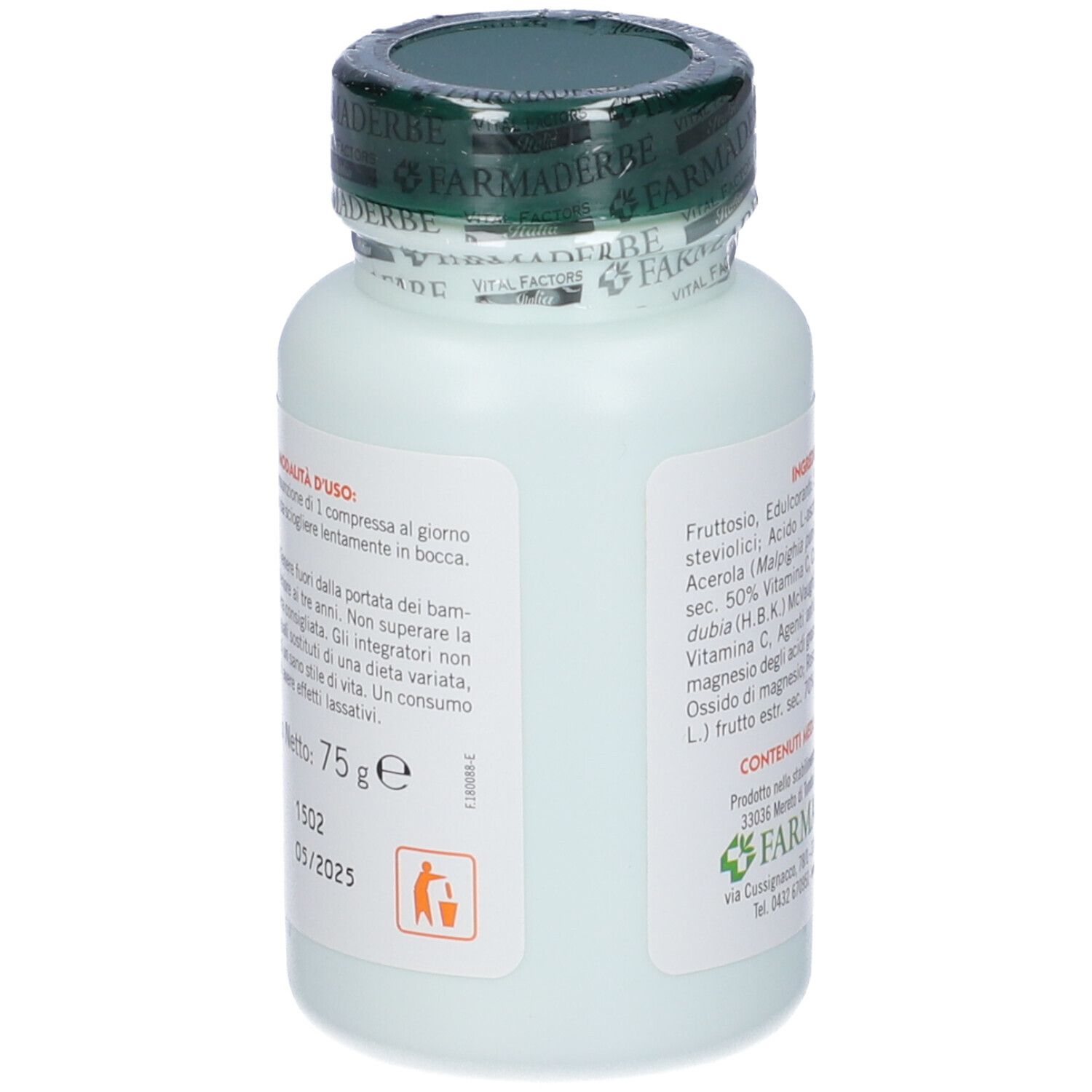 Flacone di Juicy C500. 30 compresse masticabili. Contiene vitamina C. Senza glutine.