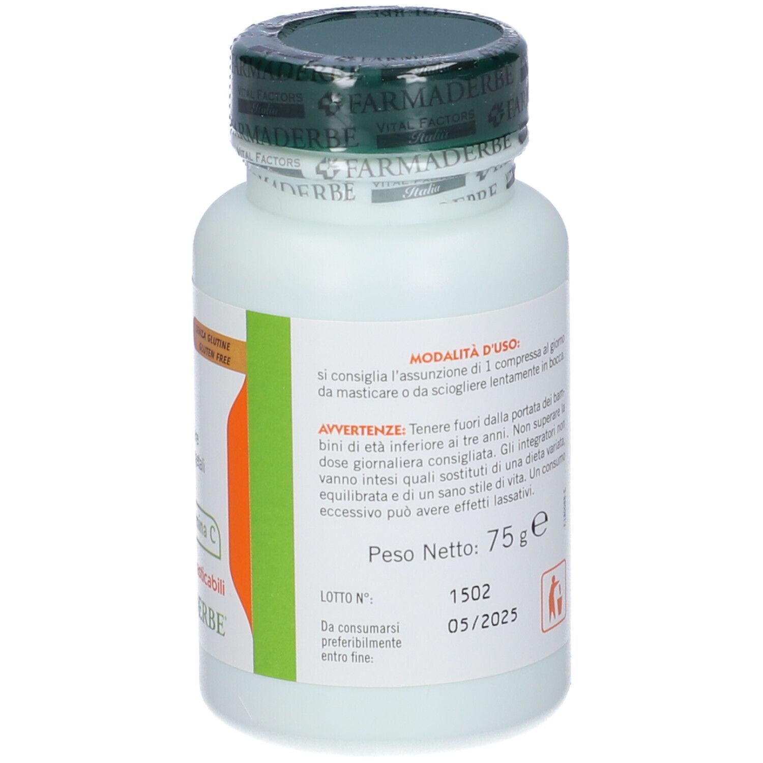 Flacone di Juicy C500. 30 compresse masticabili. Contiene vitamina C. Senza glutine.
