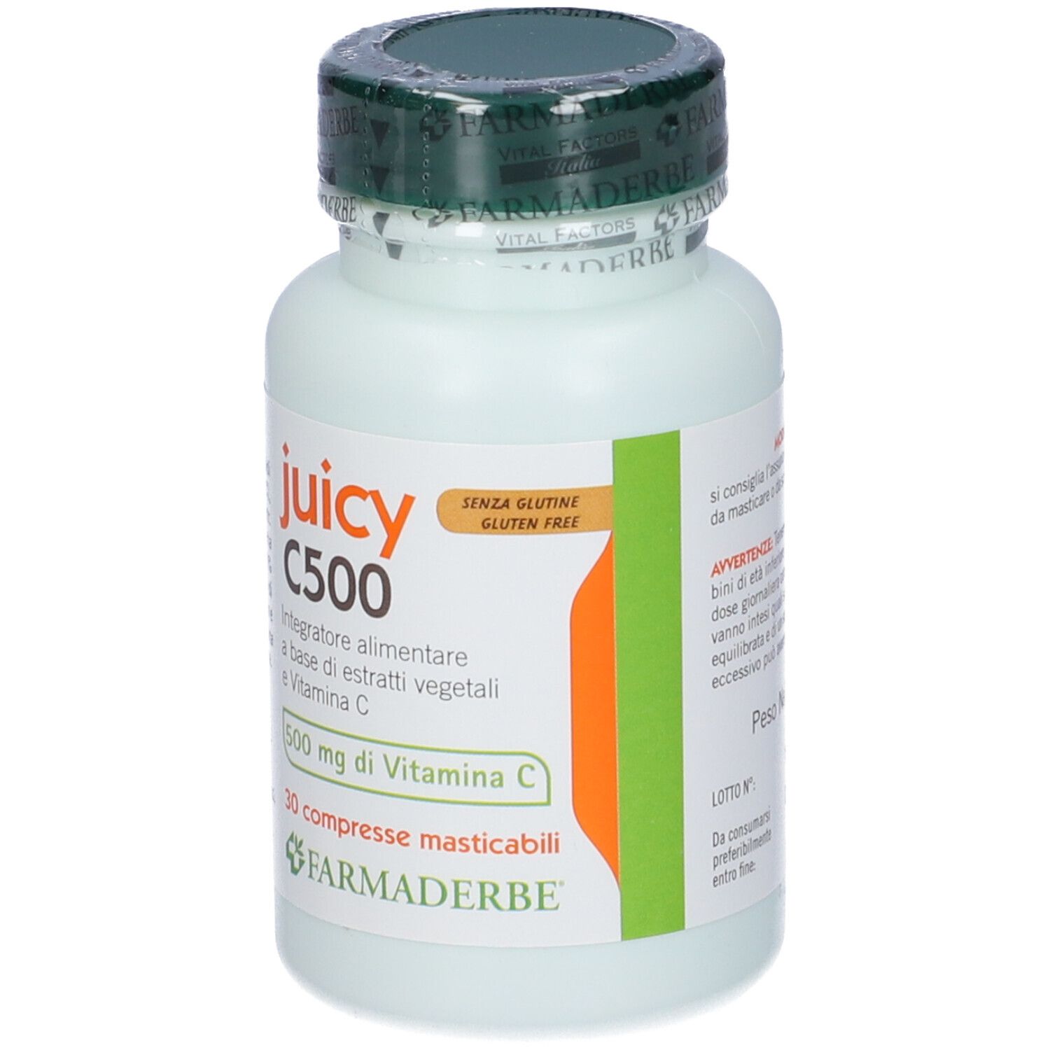 Flacone di Juicy C500. 30 compresse masticabili. Contiene vitamina C. Senza glutine.