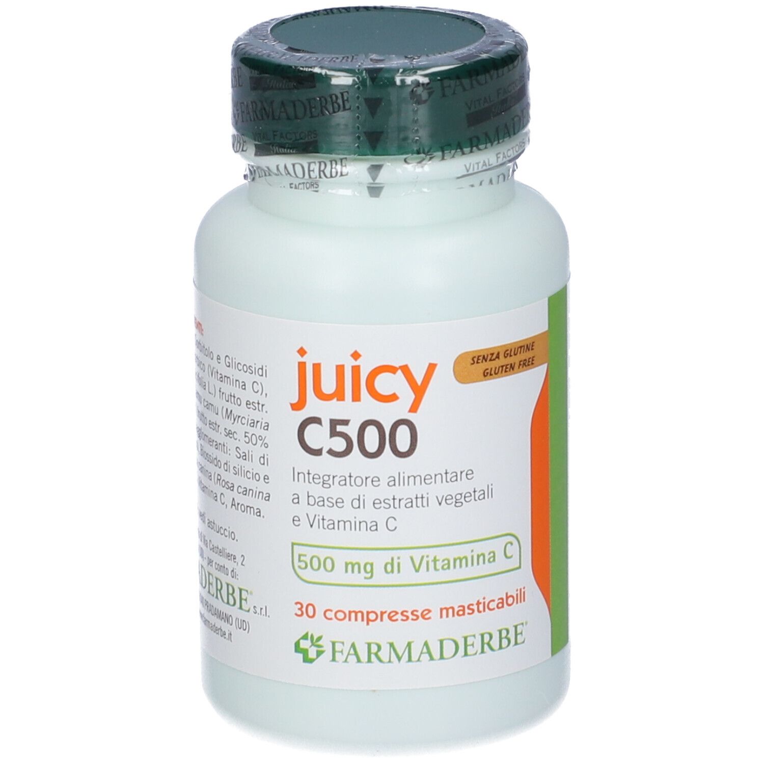 Flacone di Juicy C500. 30 compresse masticabili. Contiene vitamina C. Senza glutine.