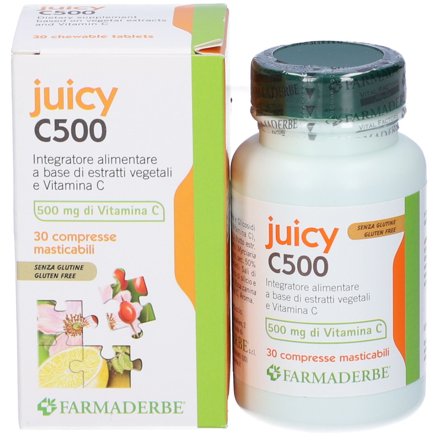 Flacone e scatola di Juicy C500. 30 compresse masticabili. Contiene vitamina C. Senza glutine.