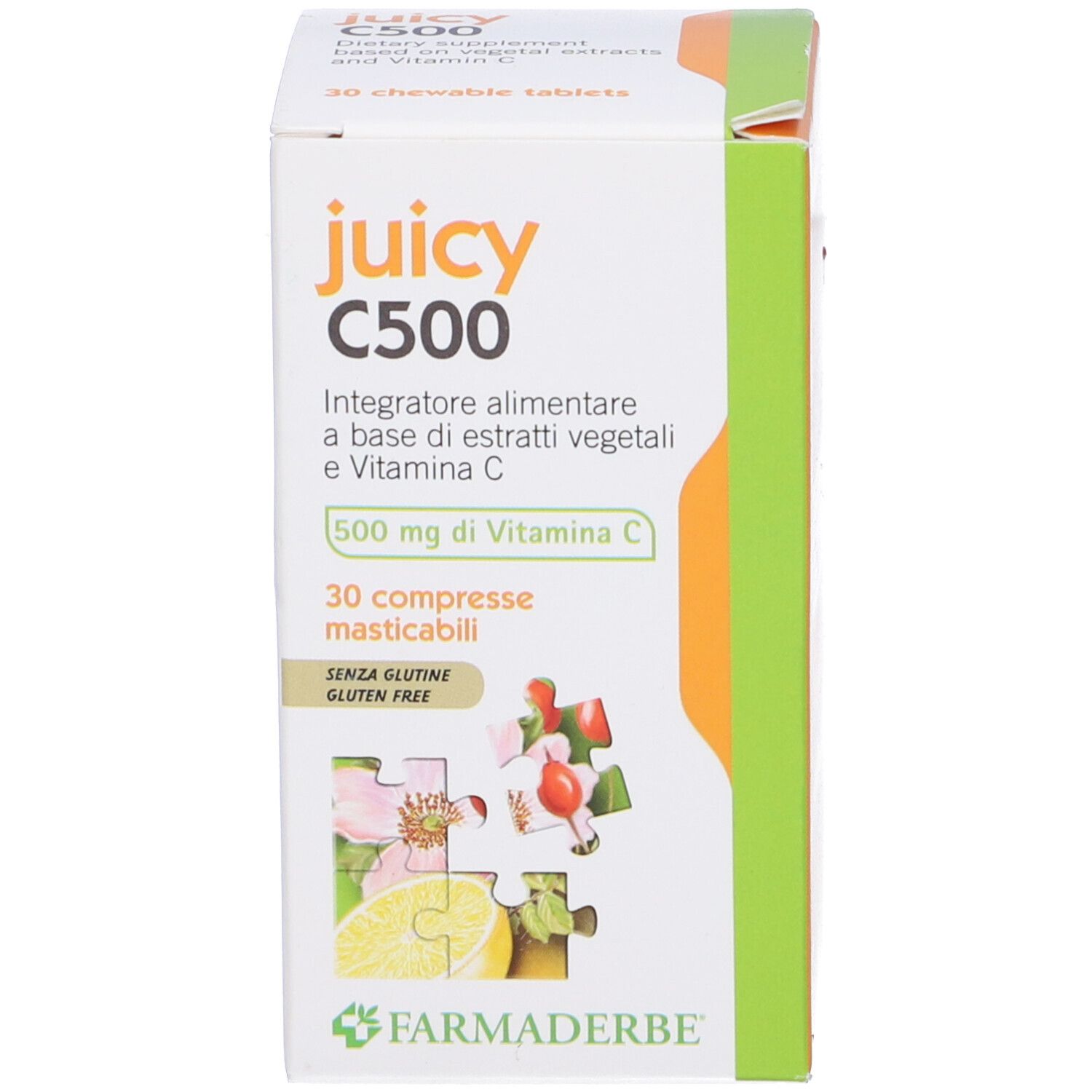 Scatola di Juicy C500. 30 compresse masticabili. Contiene vitamina C. Senza glutine.