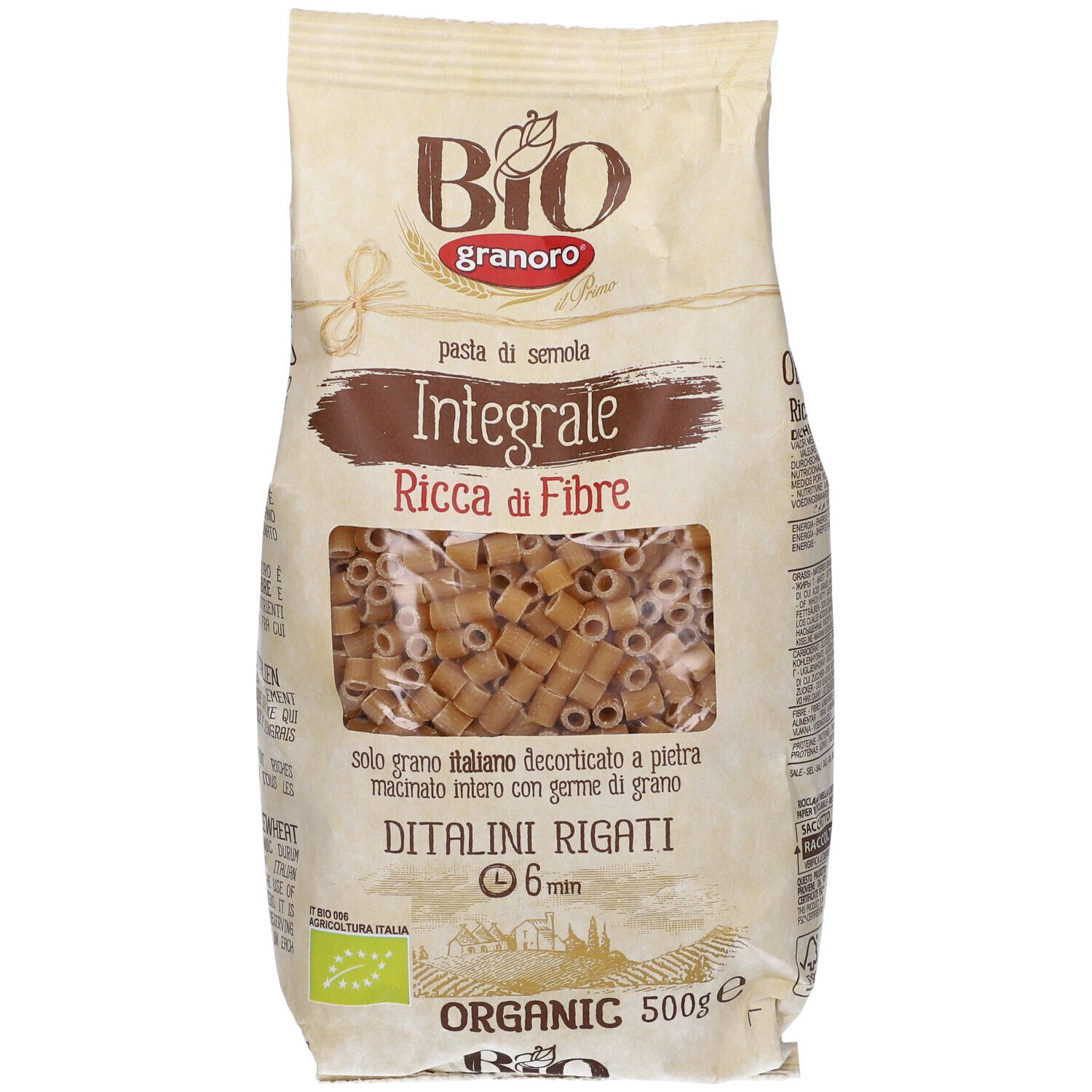 Confezione di Ditalini Rigati. Finestra con pasta. Scritta: Integrale Ricca di Fibre. Sigillo Bio.