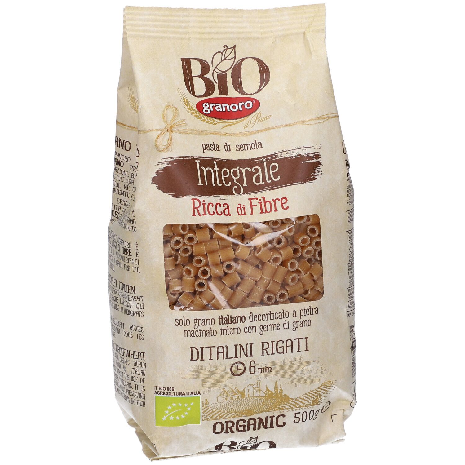 Confezione di Ditalini Rigati. Finestra con pasta. Scritta: Integrale Ricca di Fibre. Sigillo Bio.