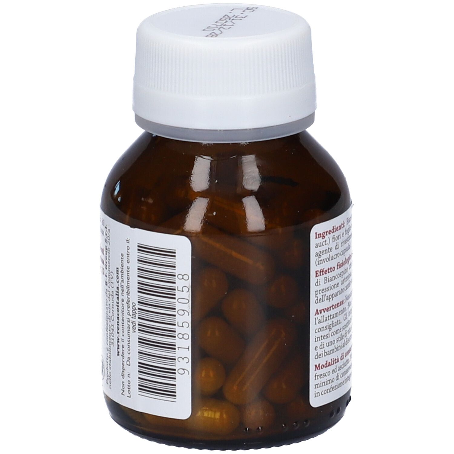 Flacone di vetro marrone con tappo bianco. Capsule visibili all'interno. Codice a barre sull'etichetta.