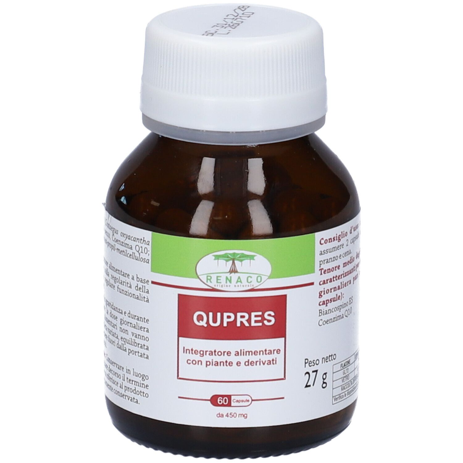 Flacone di vetro marrone con tappo bianco. Scritta Qupres, 60 capsule, 27g. Marchio Renaco.