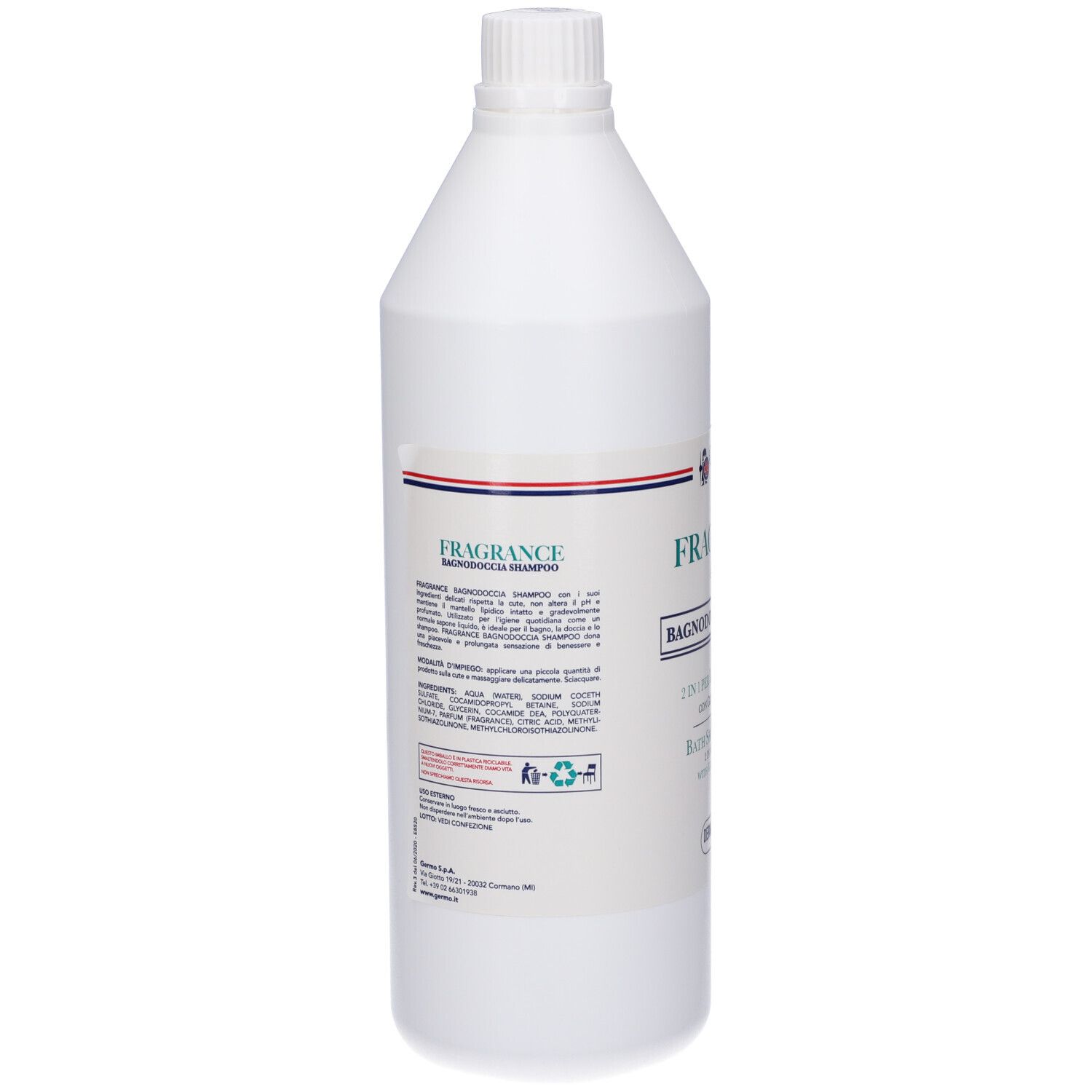 Flacone bianco, retro con testo. Contiene informazioni sugli ingredienti e istruzioni per l'uso.