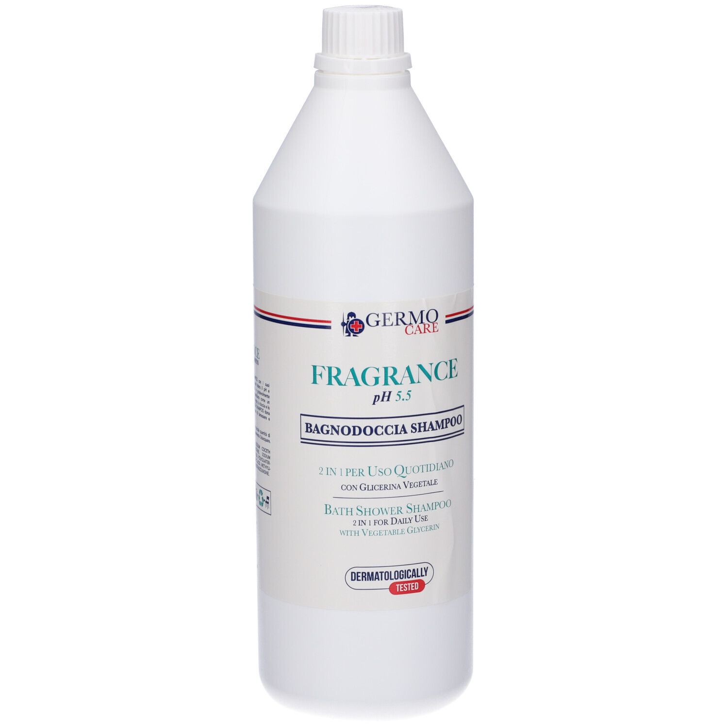 Flacone bianco con logo GermoCare e scritta FRAGRANCE pH 5,5 Bagnodoccia Shampoo. Dermatologicamente testato.