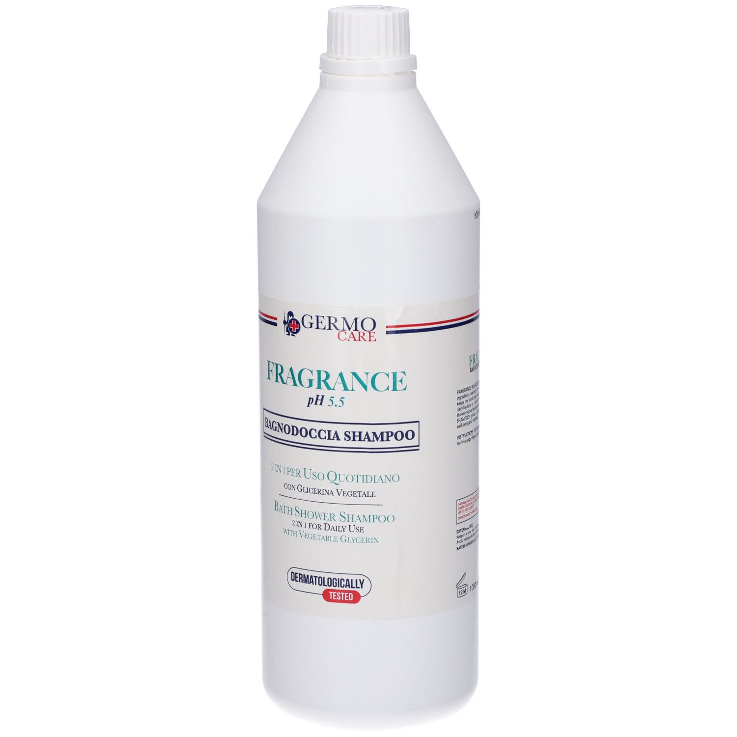 Flacone bianco con logo GermoCare e scritta FRAGRANCE pH 5,5 Bagnodoccia Shampoo. Dermatologicamente testato.