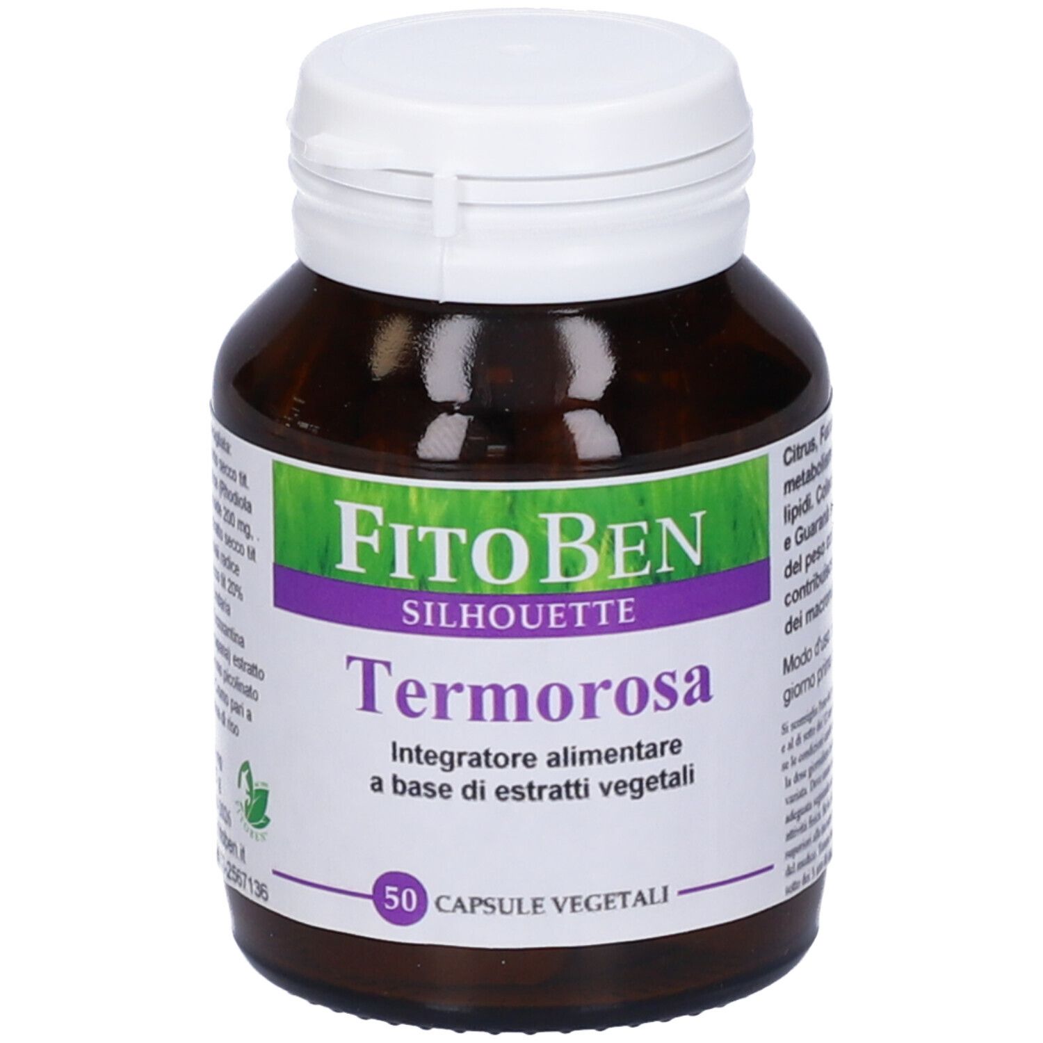 Flacone marrone con tappo bianco. Scritta: FitoBen Silhouette Termorosa, 50 capsule vegetali. Etichetta verde.