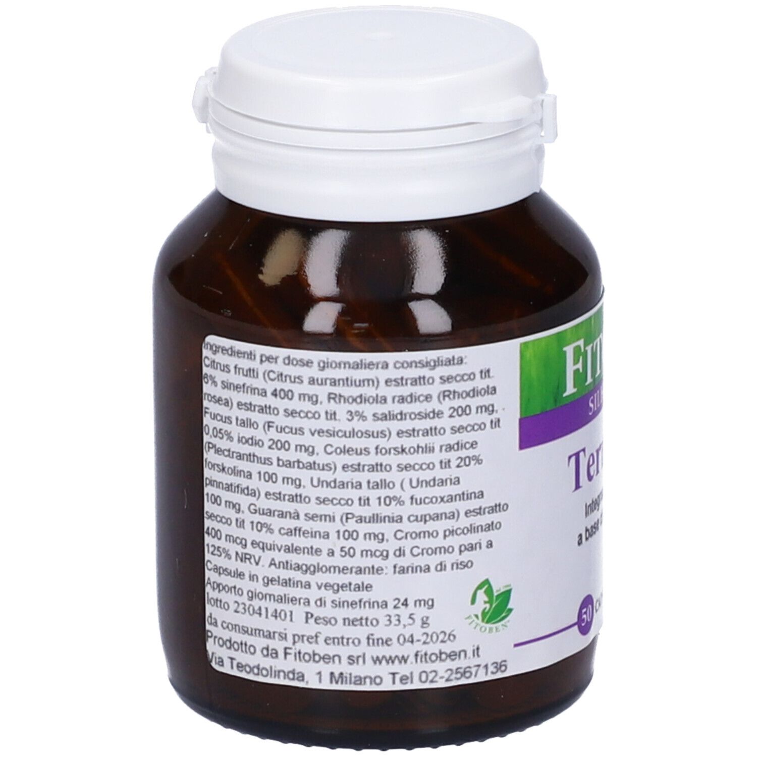 Flacone marrone con tappo bianco. Scritta: FitoBen Silhouette Termorosa, 50 capsule vegetali. Etichetta con ingredienti.
