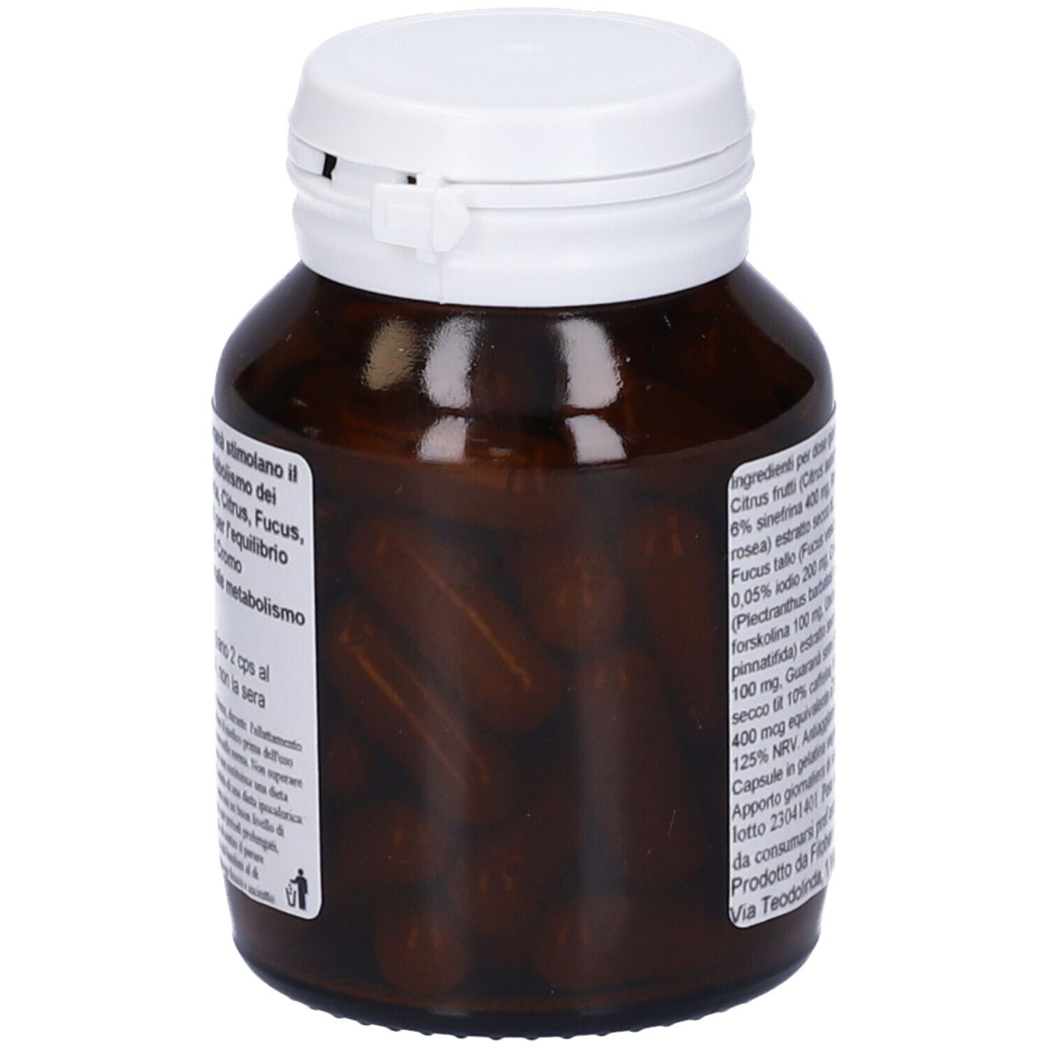 Flacone marrone con tappo bianco. Capsule visibili. Scritta: FitoBen Silhouette Termorosa, 50 capsule vegetali.