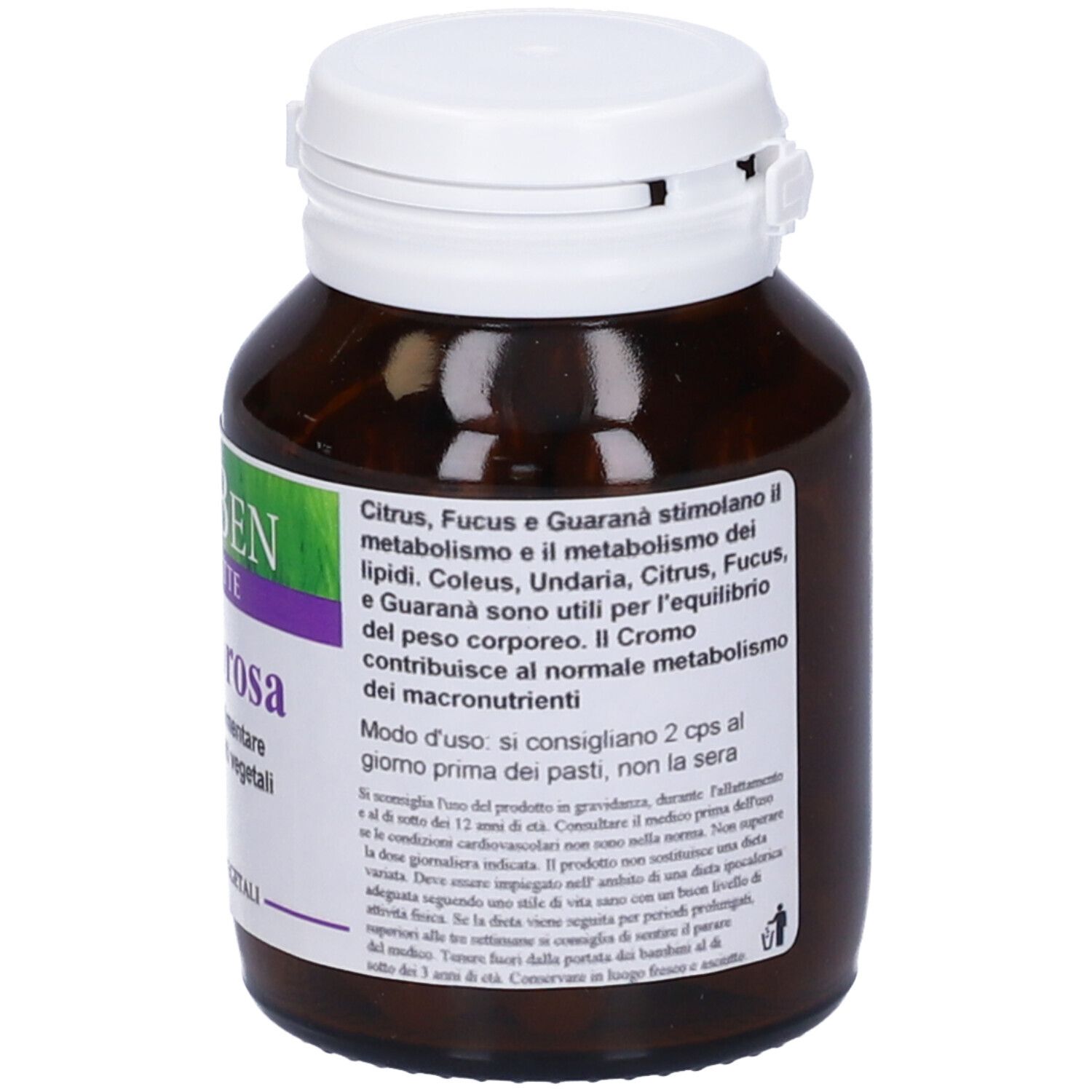 Flacone marrone con tappo bianco. Scritta: FitoBen Silhouette Termorosa, 50 capsule vegetali. Testo sugli ingredienti.
