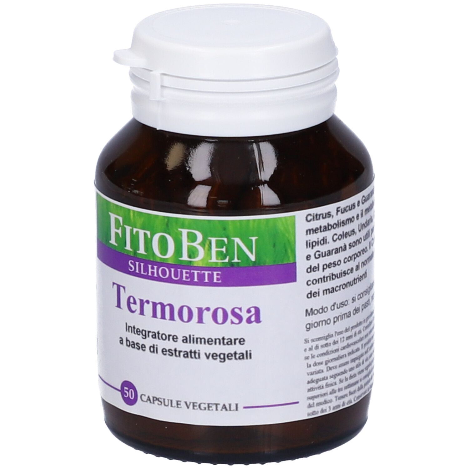 Flacone marrone con tappo bianco. Scritta: FitoBen Silhouette Termorosa, 50 capsule vegetali. Etichetta verde.