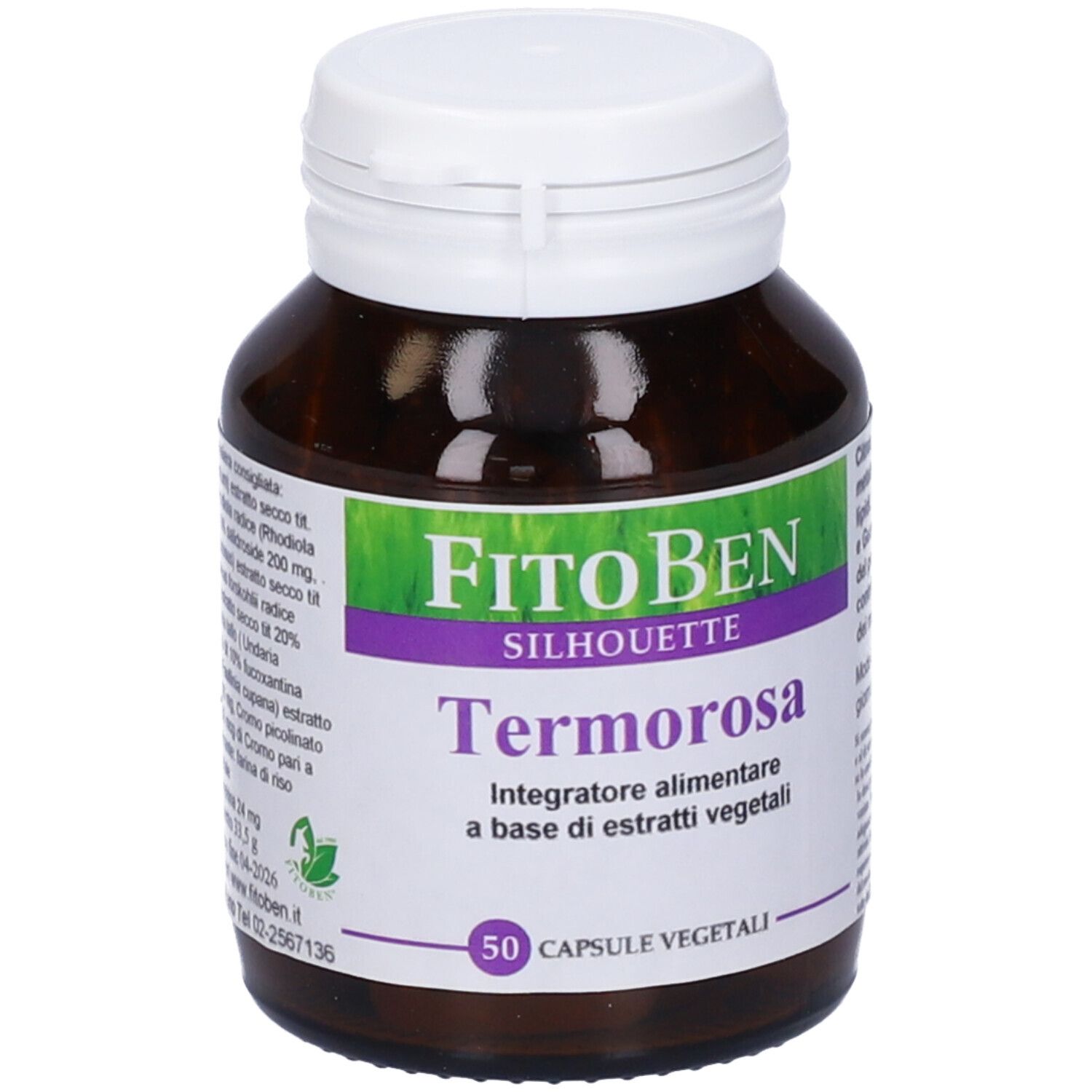 Flacone marrone con tappo bianco. Scritta: FitoBen Silhouette Termorosa, 50 capsule vegetali. Etichetta verde.
