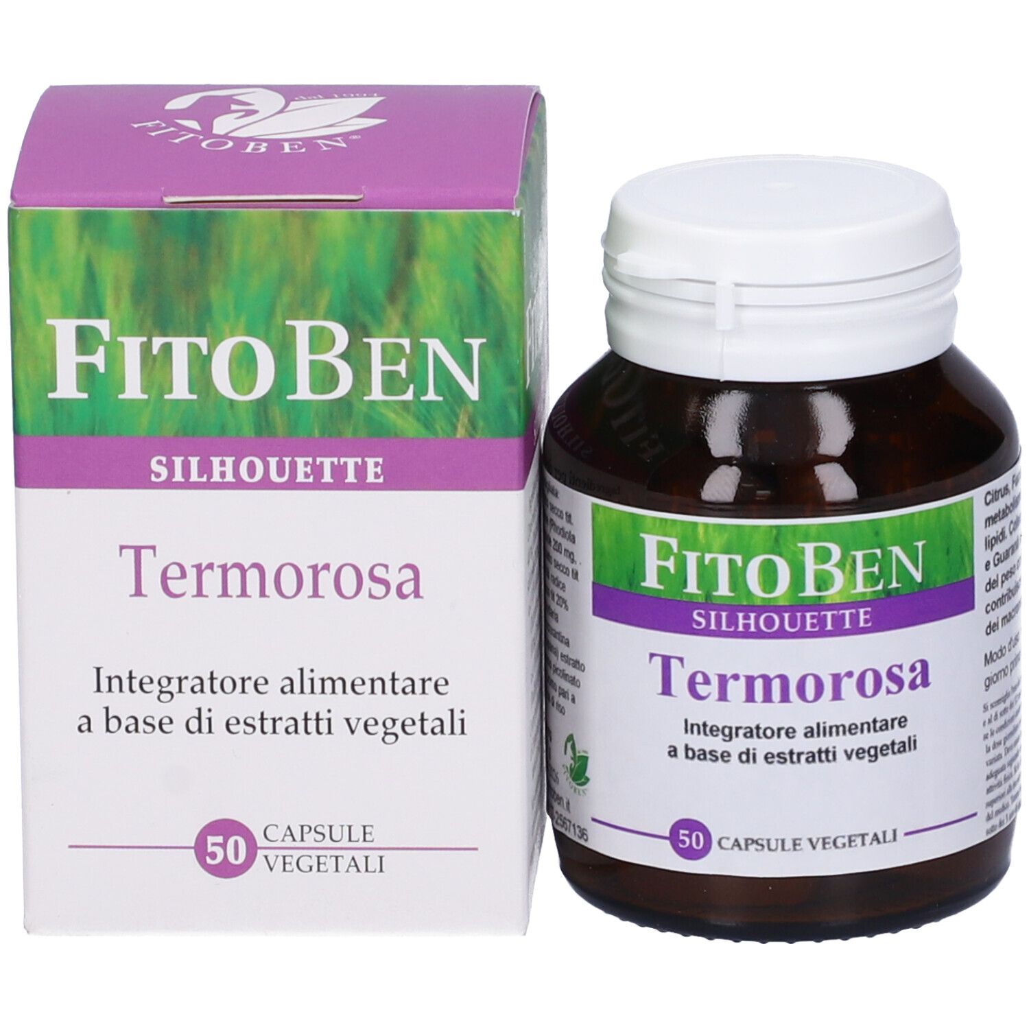 Flacone marrone e scatola bianca. Scritta: FitoBen Silhouette Termorosa, 50 capsule vegetali. Etichetta verde.