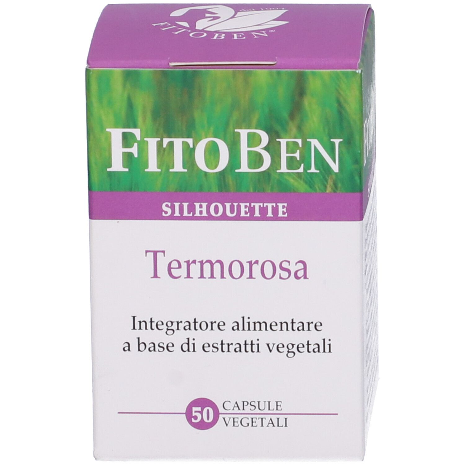 Scatola bianca con grafica verde e viola. Scritta: FitoBen Silhouette Termorosa, 50 capsule vegetali.