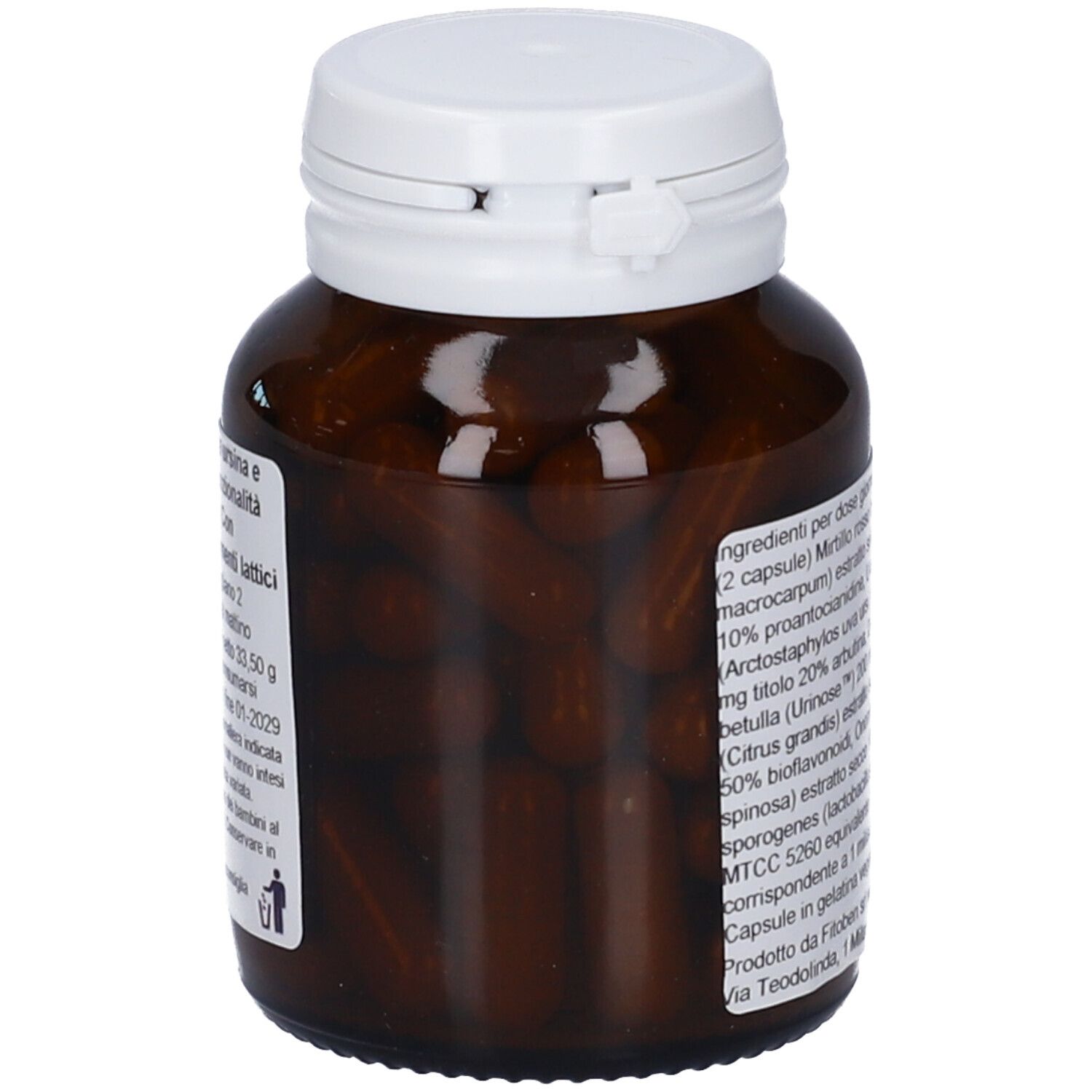 Flacone di vetro marrone con tappo bianco. Capsule marroni visibili. Etichette con ingredienti e informazioni.