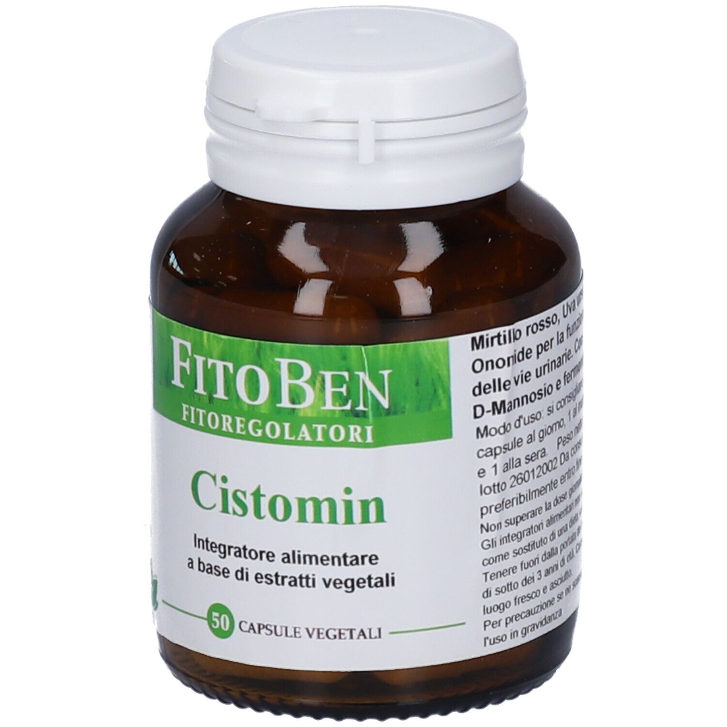 Flacone di vetro marrone con tappo bianco. Scritte: FitoBen, Cistomin, 50 capsule vegetali. Etichetta con informazioni.