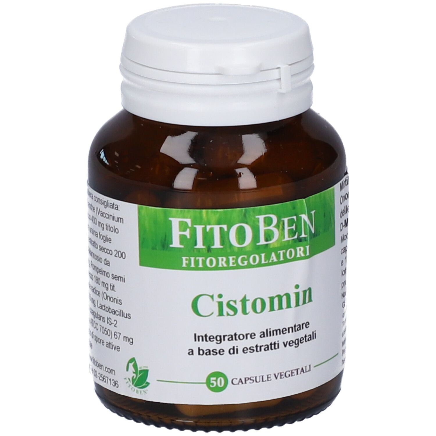 Flacone di vetro marrone con tappo bianco. Scritte: FitoBen, Cistomin, 50 capsule vegetali. Etichetta con ingredienti.