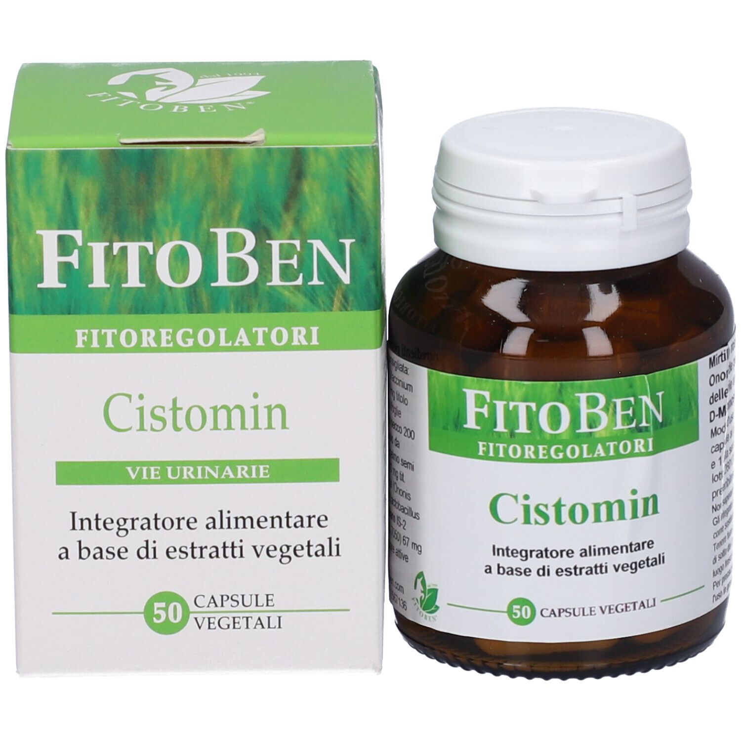 Confezione e flacone del prodotto. Scritte: FitoBen, Cistomin, 50 capsule vegetali. Confezione verde e bianca.