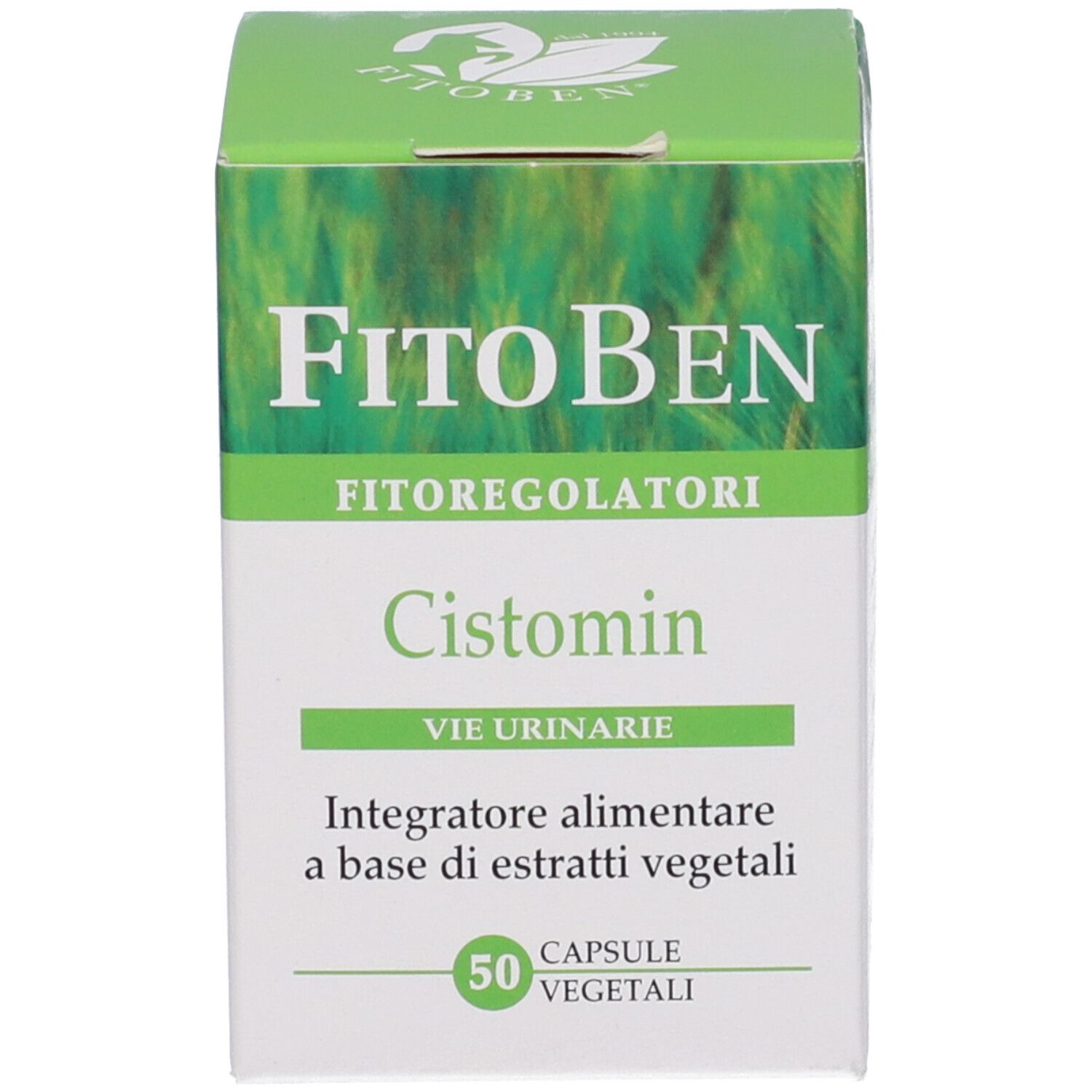 Confezione del prodotto verde e bianca. Scritte: FitoBen, Cistomin, 50 capsule vegetali. Testo e logo.