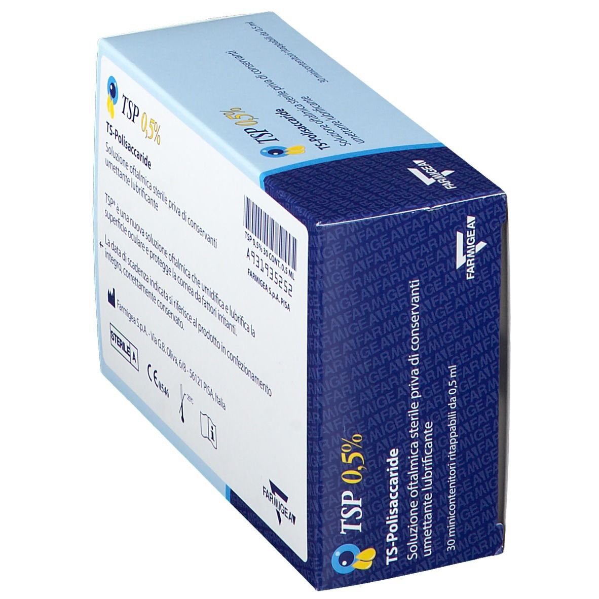 Scatola di TSP 0,5% soluzione oftalmica, angolata. Nome prodotto, ingredienti e informazioni produttore sulla confezione.