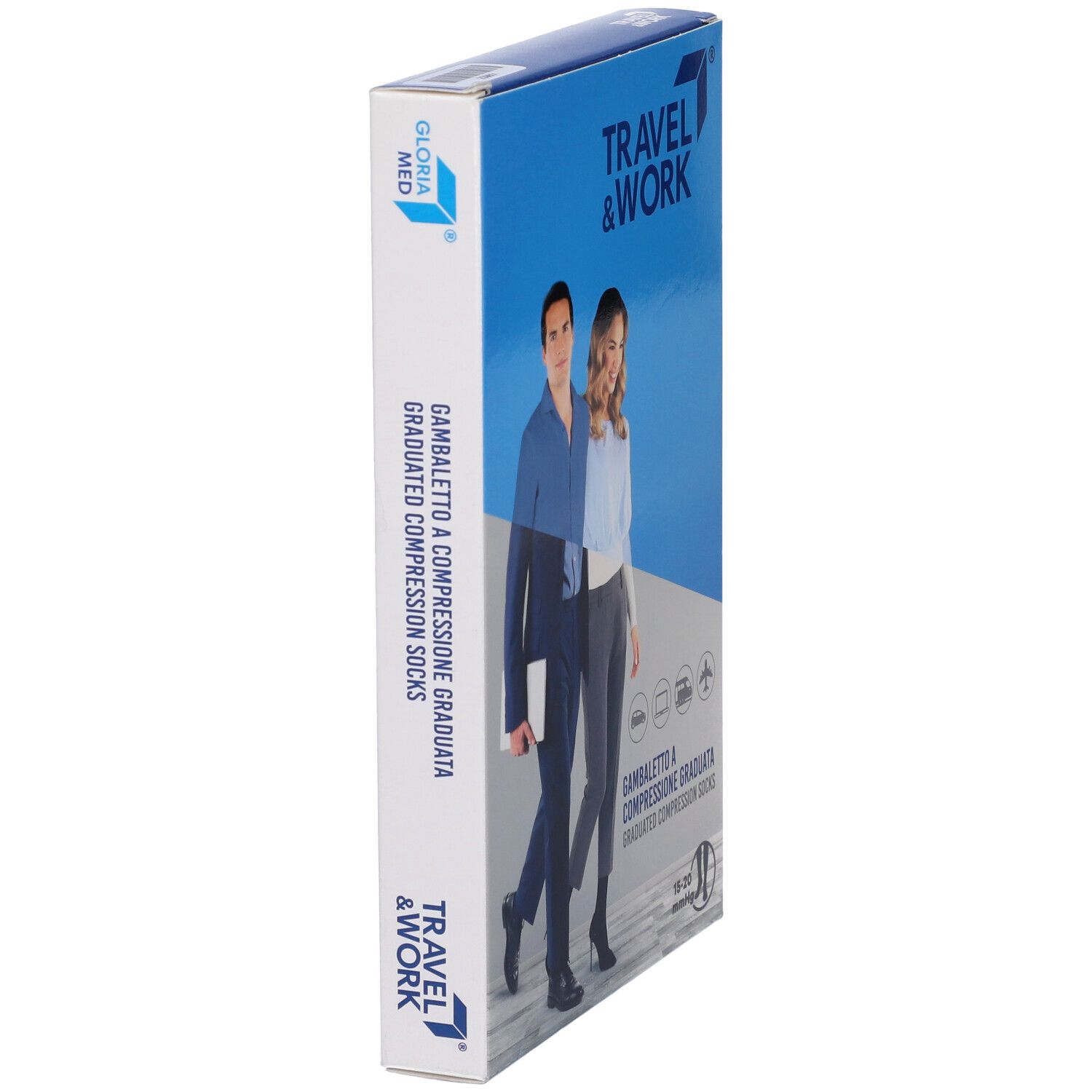 Confezione di calze a compressione. Scritta: Travel & Work, Gambaletto a Compressione Graduata. Logo Gloria Med.