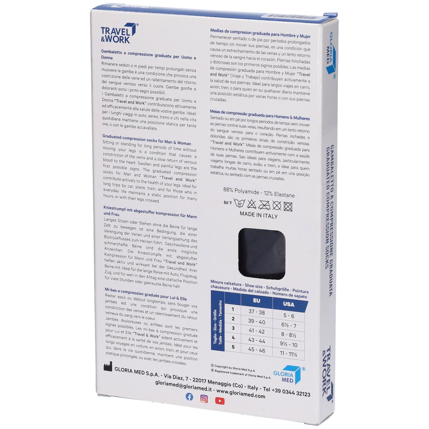 Retro della confezione di calze a compressione. Testo multilingue. Informazioni sulle taglie.