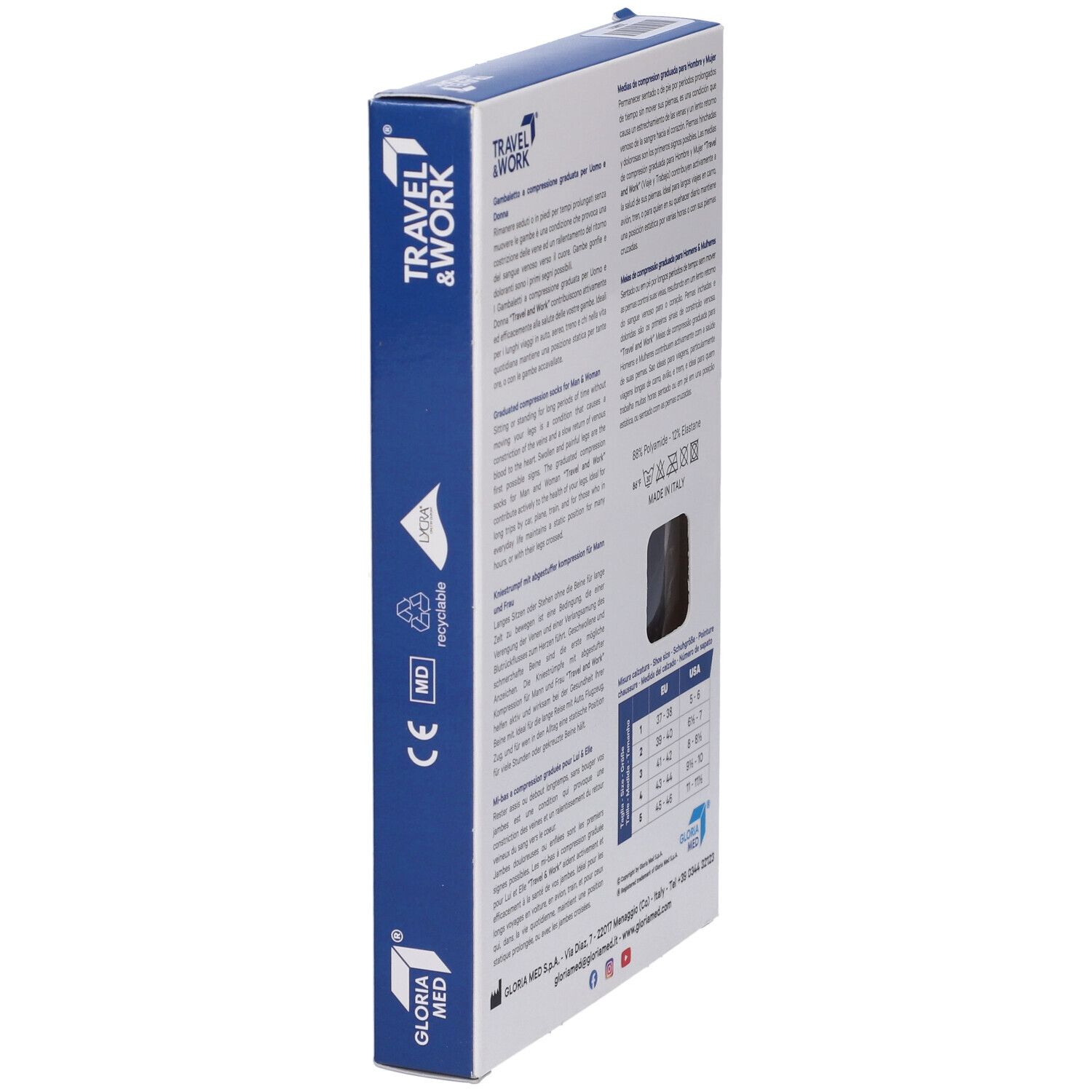 Lato della confezione di calze a compressione. Testo e loghi. Simbolo riciclabile.