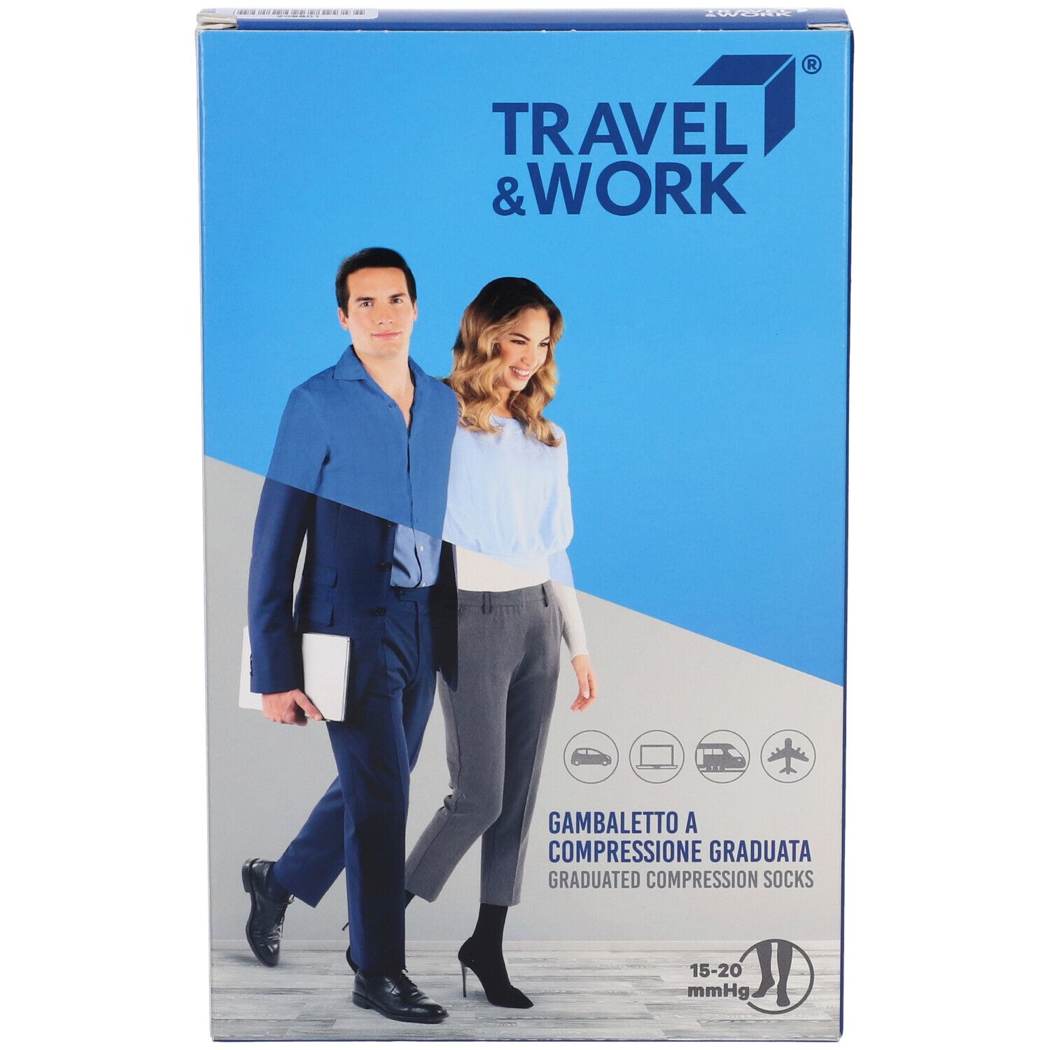 Confezione di calze a compressione. Scritta: Travel & Work, Gambaletto a Compressione Graduata, 15-20 mmHg.