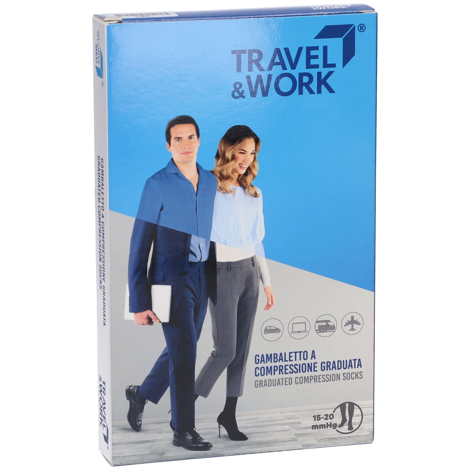 Confezione di calze a compressione. Scritta: Travel & Work, Gambaletto a Compressione Graduata, 15-20 mmHg.