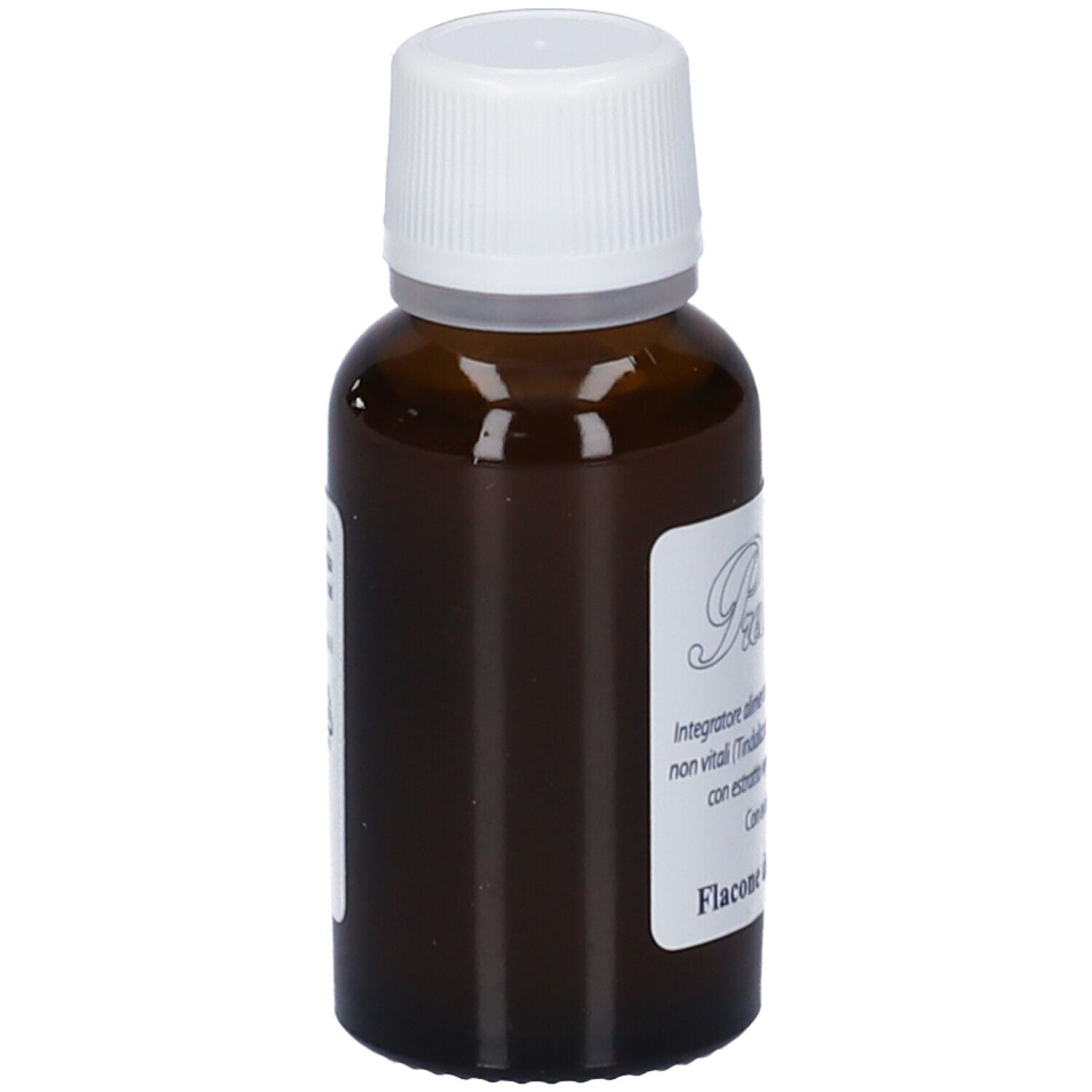 Flacone di vetro marrone con tappo bianco. Etichetta con informazioni. Vista laterale.