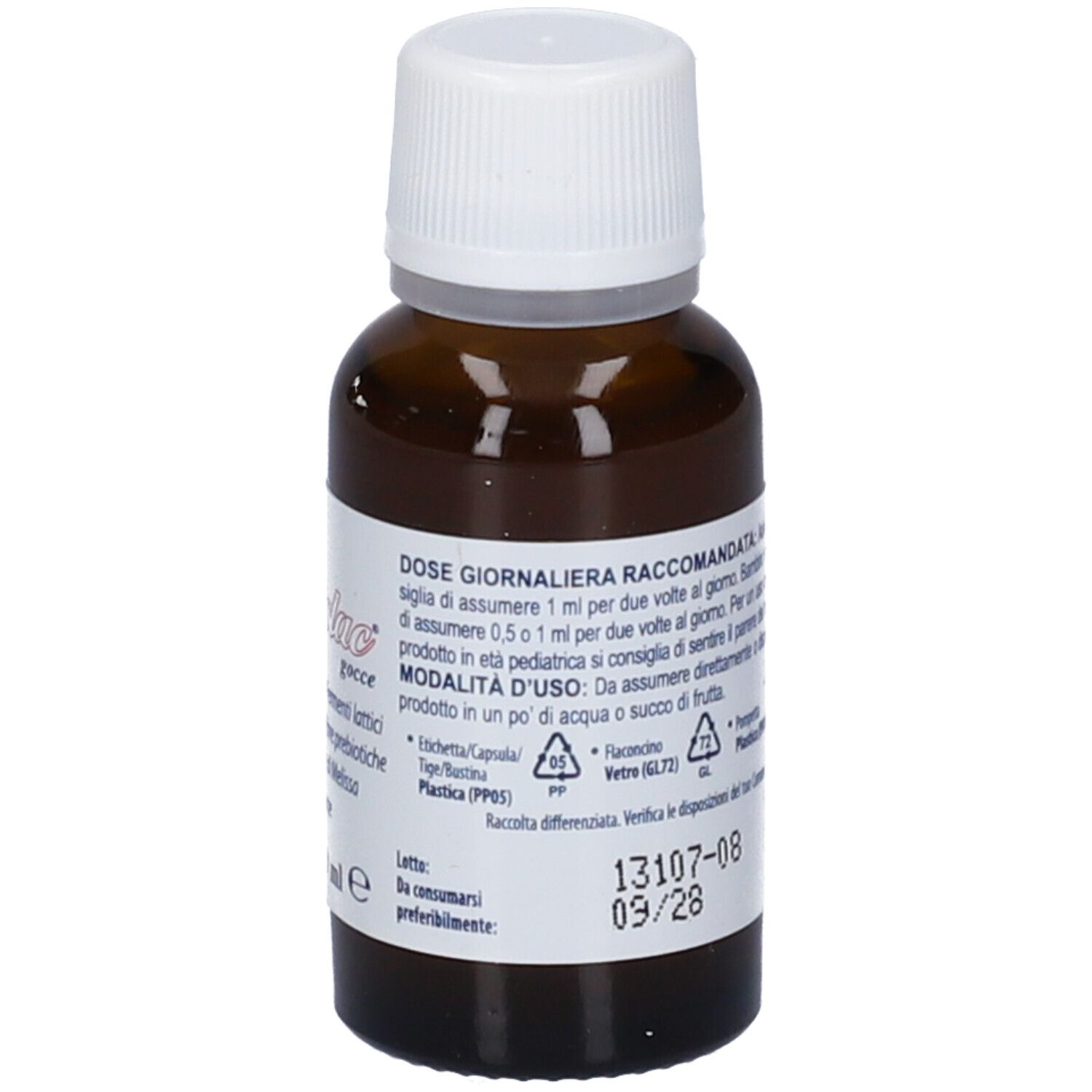 Flacone di vetro marrone con tappo bianco. Retro con informazioni. Istruzioni per il dosaggio e scadenza.